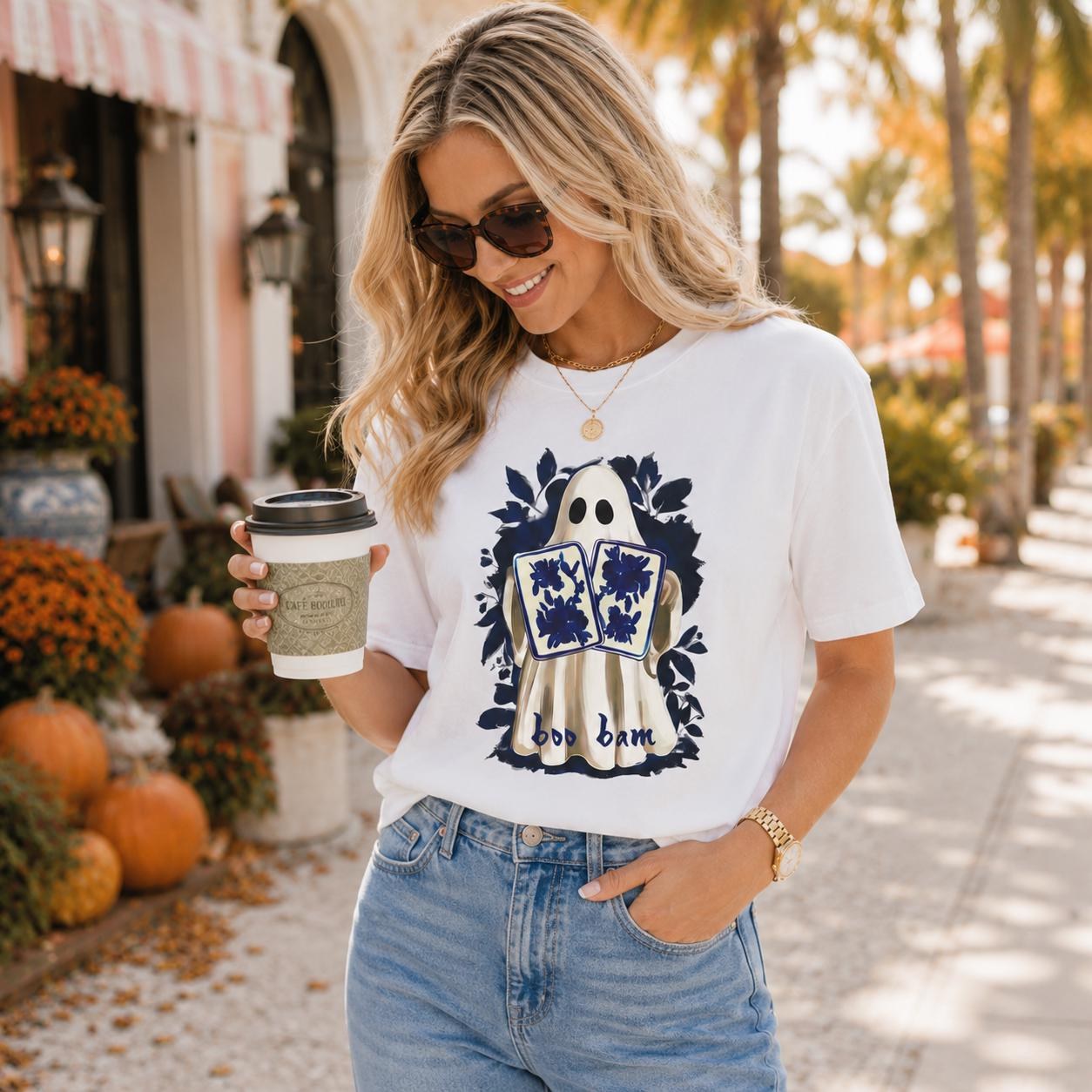 Mahjong Halloween Chinoiserie Ghost "Boo Bam" Comfort Colors™ T-Shirt, view 2