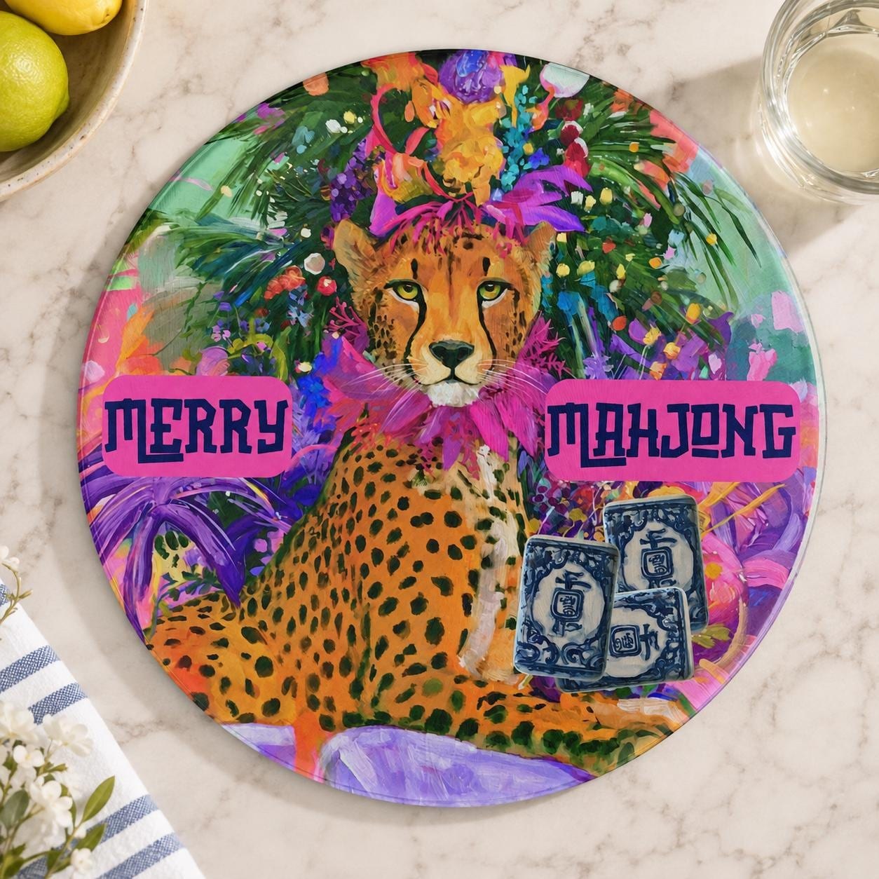 Mahjong Cheetah Glass Cutting Board