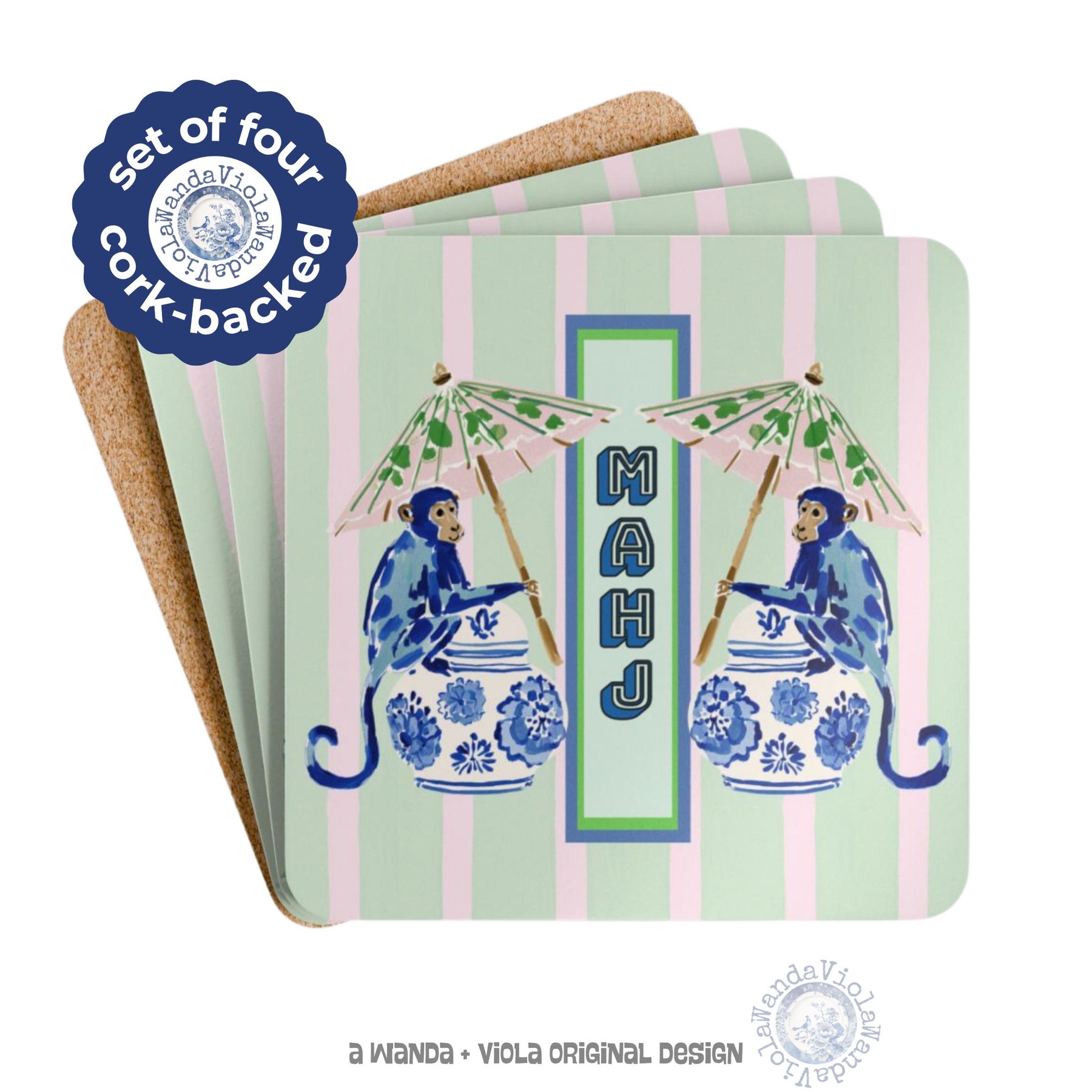 Mahjong Chinoiserie Blue Monkeys Coasters