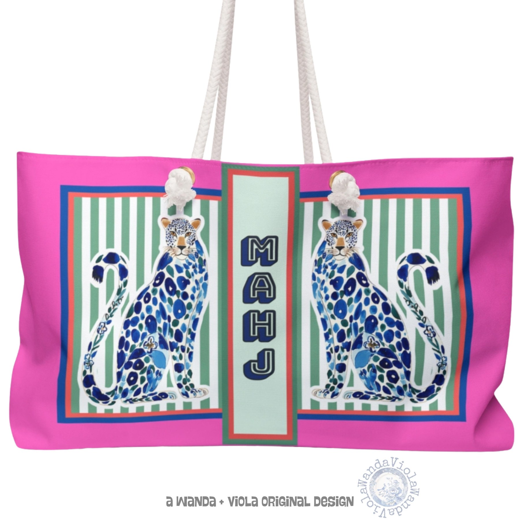 Mahjong Tote Bag with Blue Chinoiserie Cheetah