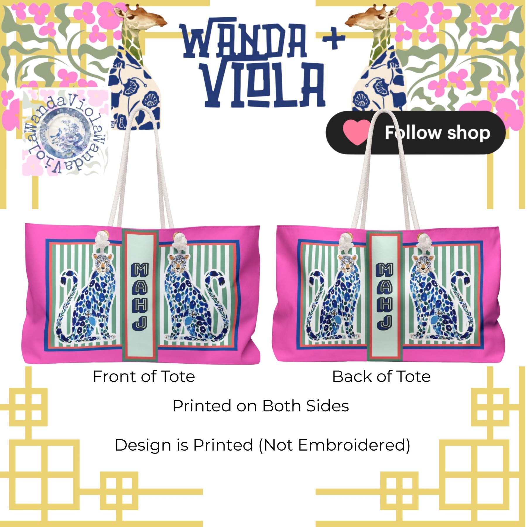 Mahjong Tote Bag with Blue Chinoiserie Cheetah, view 2
