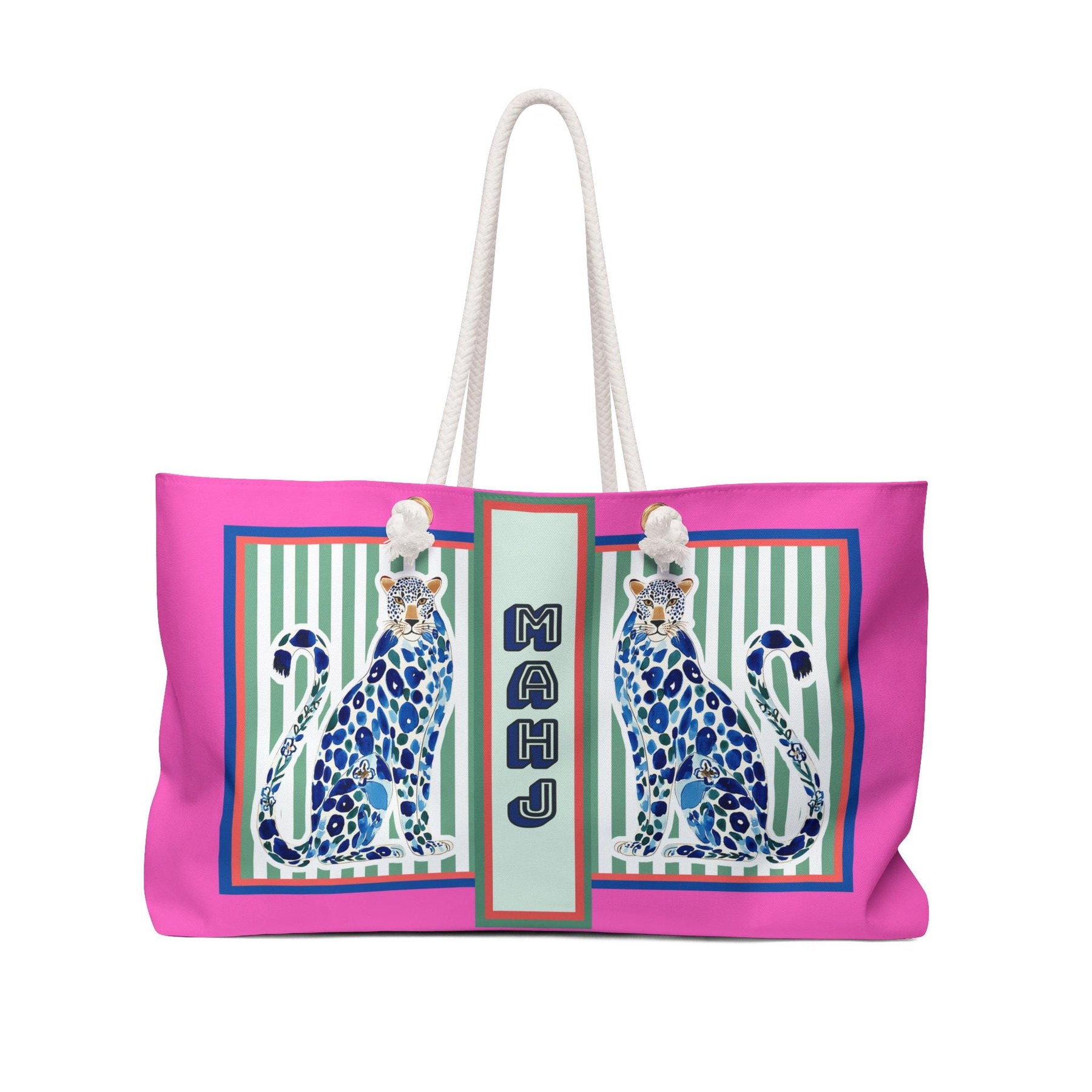 Mahjong Tote Bag with Blue Chinoiserie Cheetah, view 7