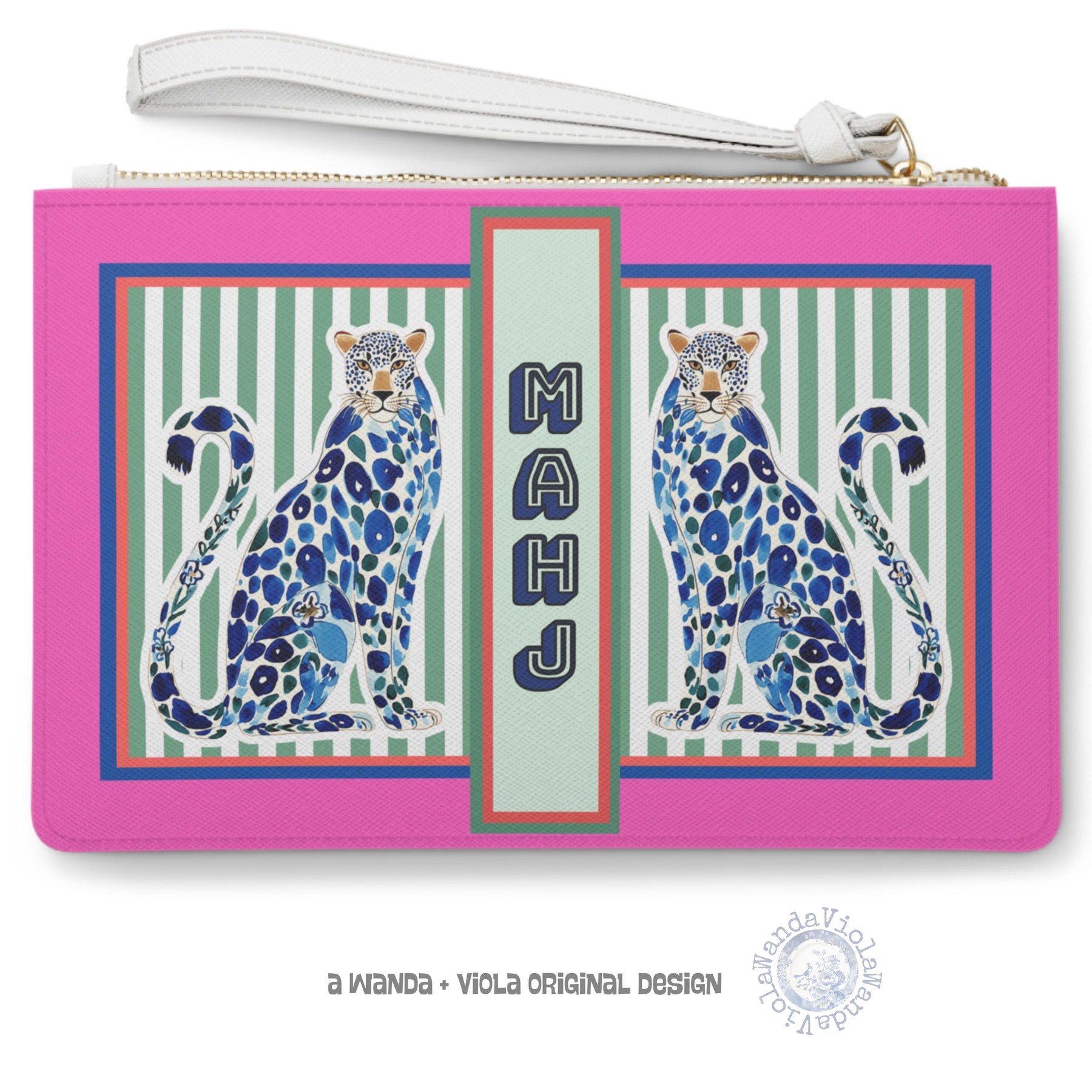 Mahjong Card Clutch with Blue Chinoiserie Cheetah