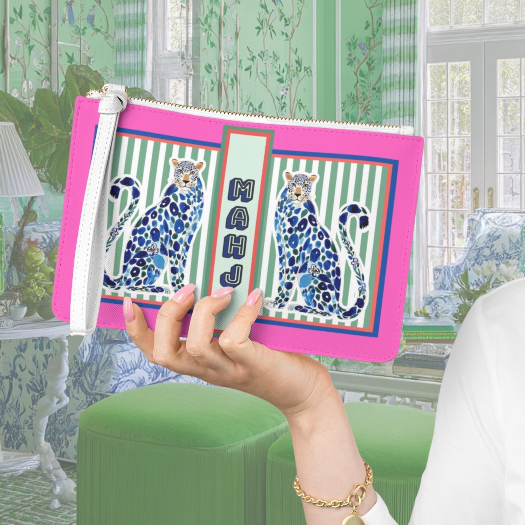 Mahjong Card Clutch with Blue Chinoiserie Cheetah, view 5