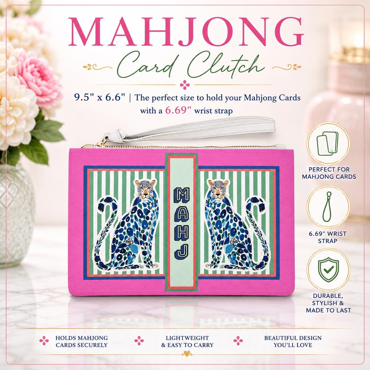 Mahjong Card Clutch with Blue Chinoiserie Cheetah, view 6