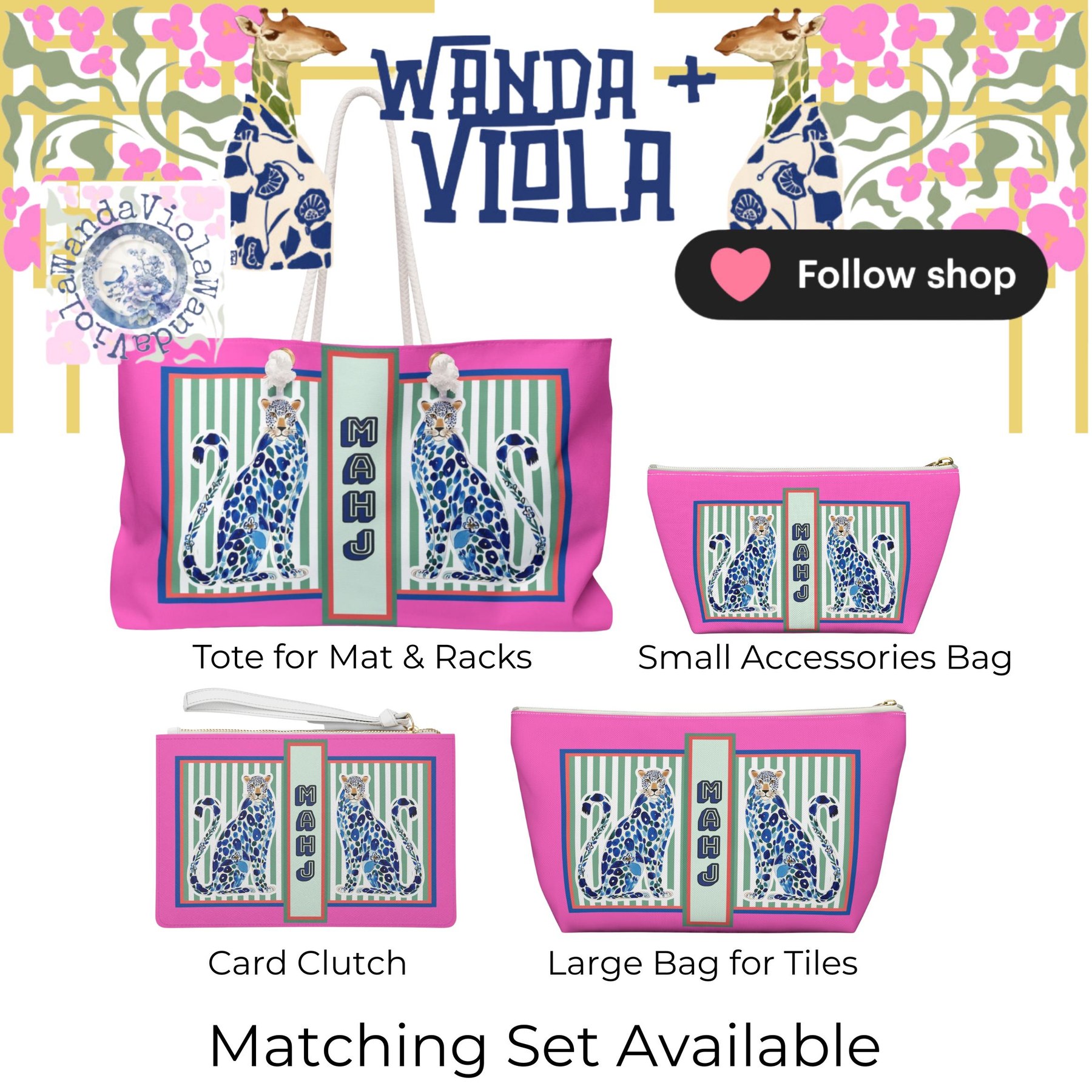 Mahjong Card Clutch with Blue Chinoiserie Cheetah, view 7