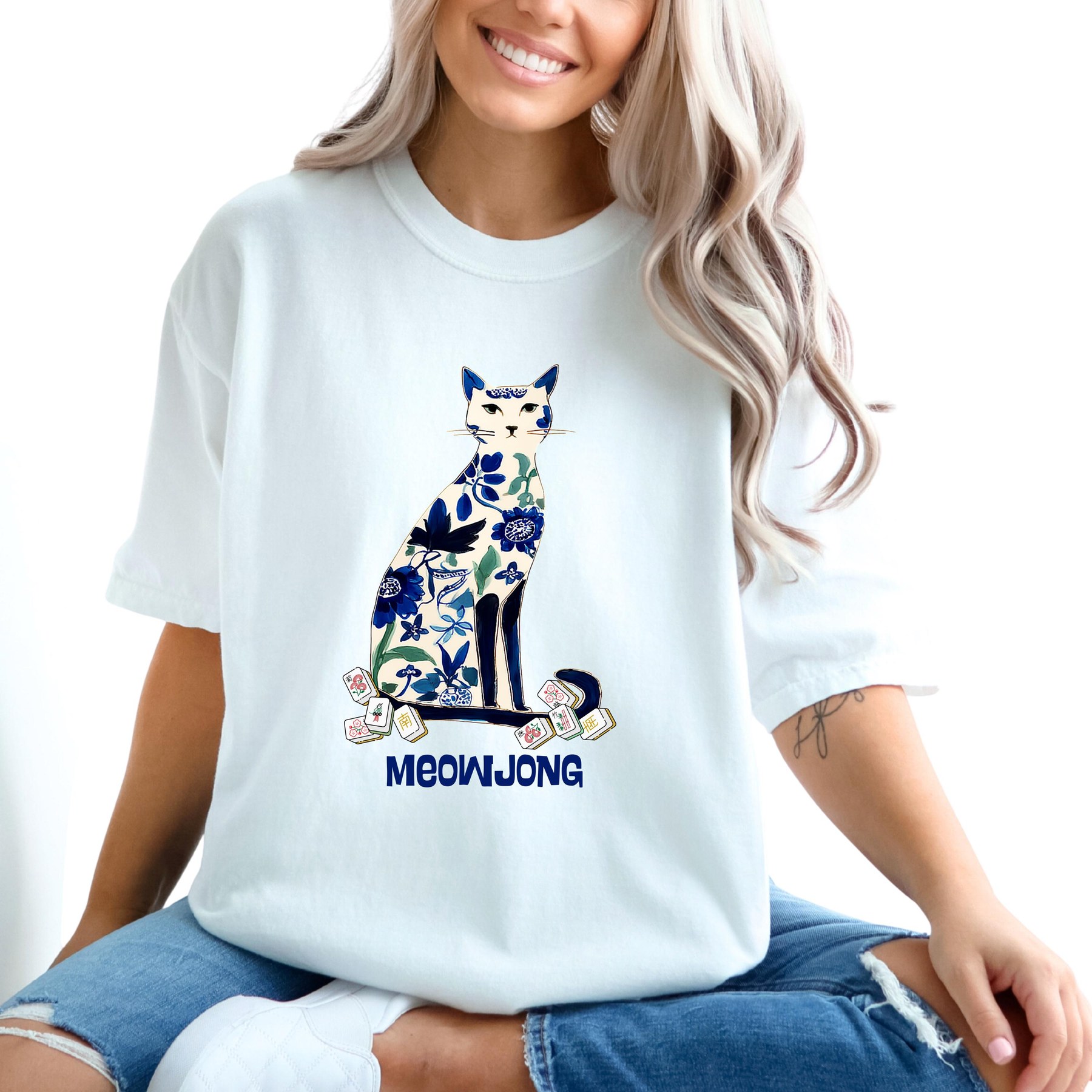Mahjong "MeowJong" Chinoiserie Cat Comfort Colorsโข T-Shirt, view 2