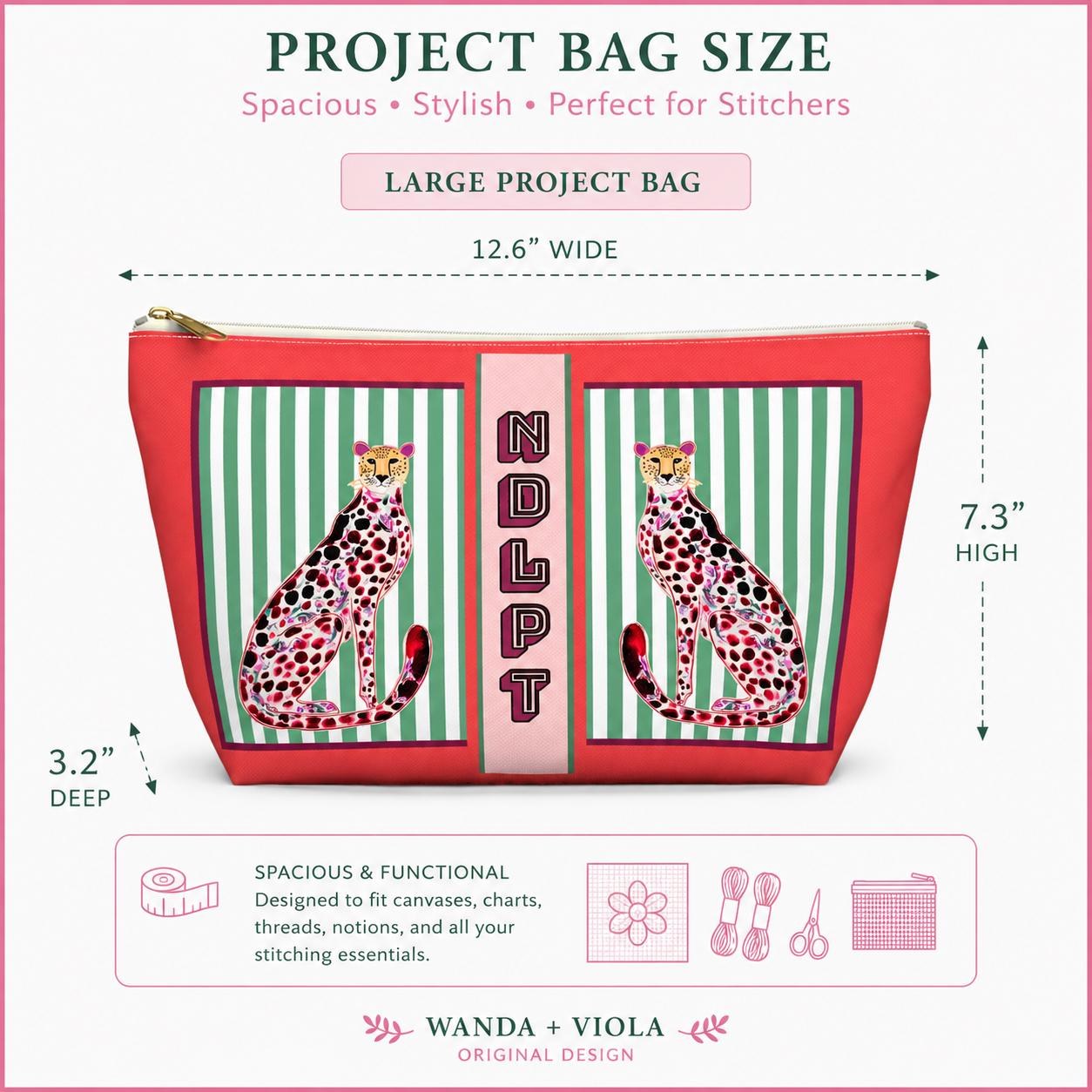 Needlepoint Project Bag NDLPT, Chinoiserie Cheetah Pouch, Preppy Leopard Stitcher Gift, Monogram Style Bag Small Project Bag for Needlepoint, view 11
