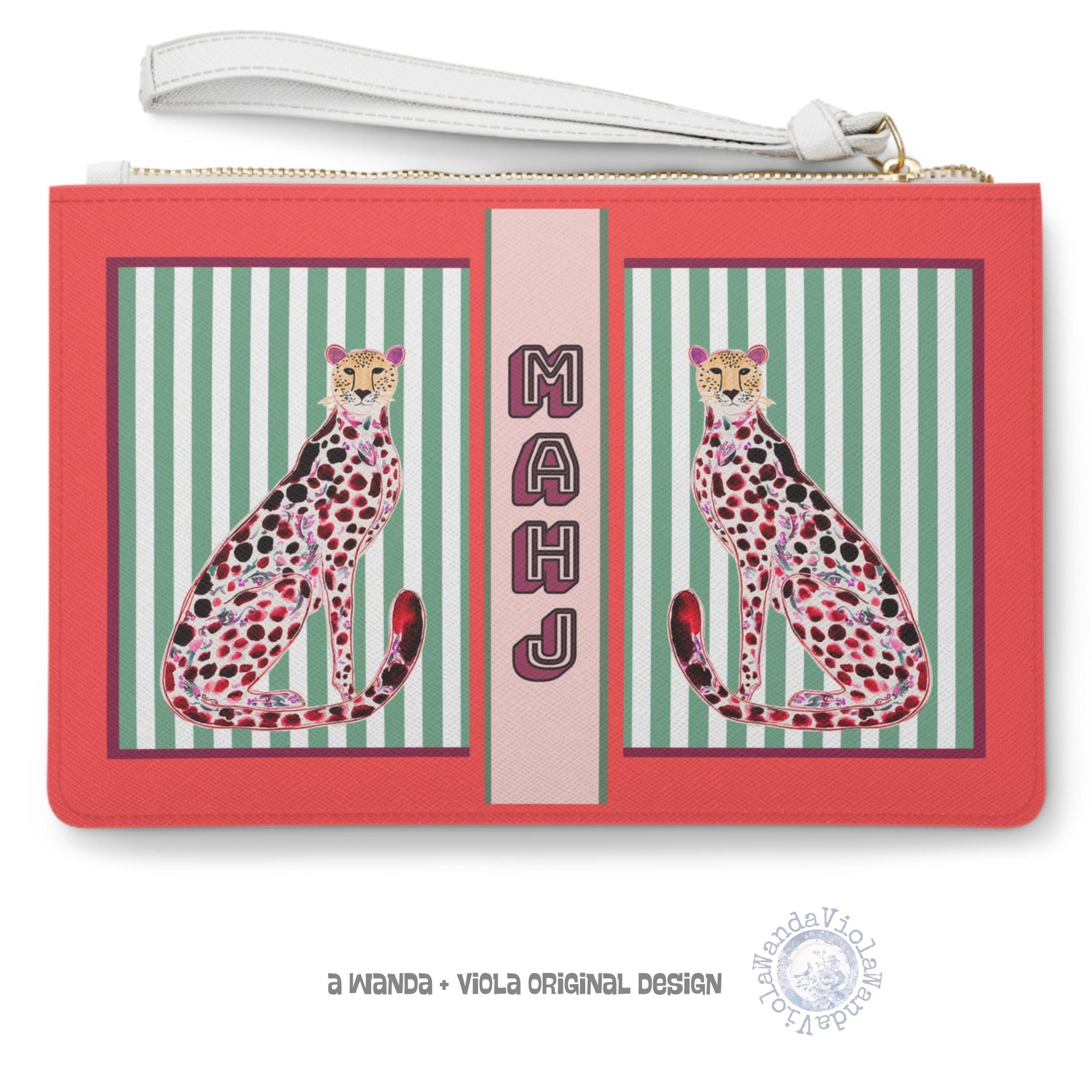 Mahjong Card Holder with Red + Green Chinoiserie Cheetah