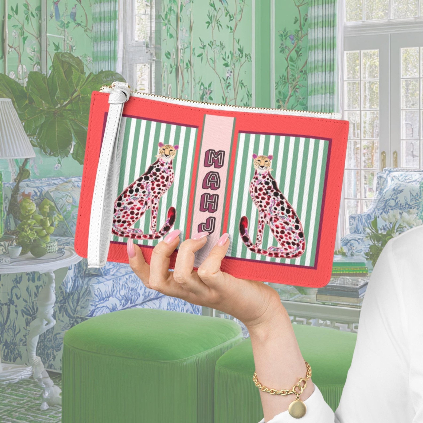 Mahjong Card Holder with Red + Green Chinoiserie Cheetah, view 5