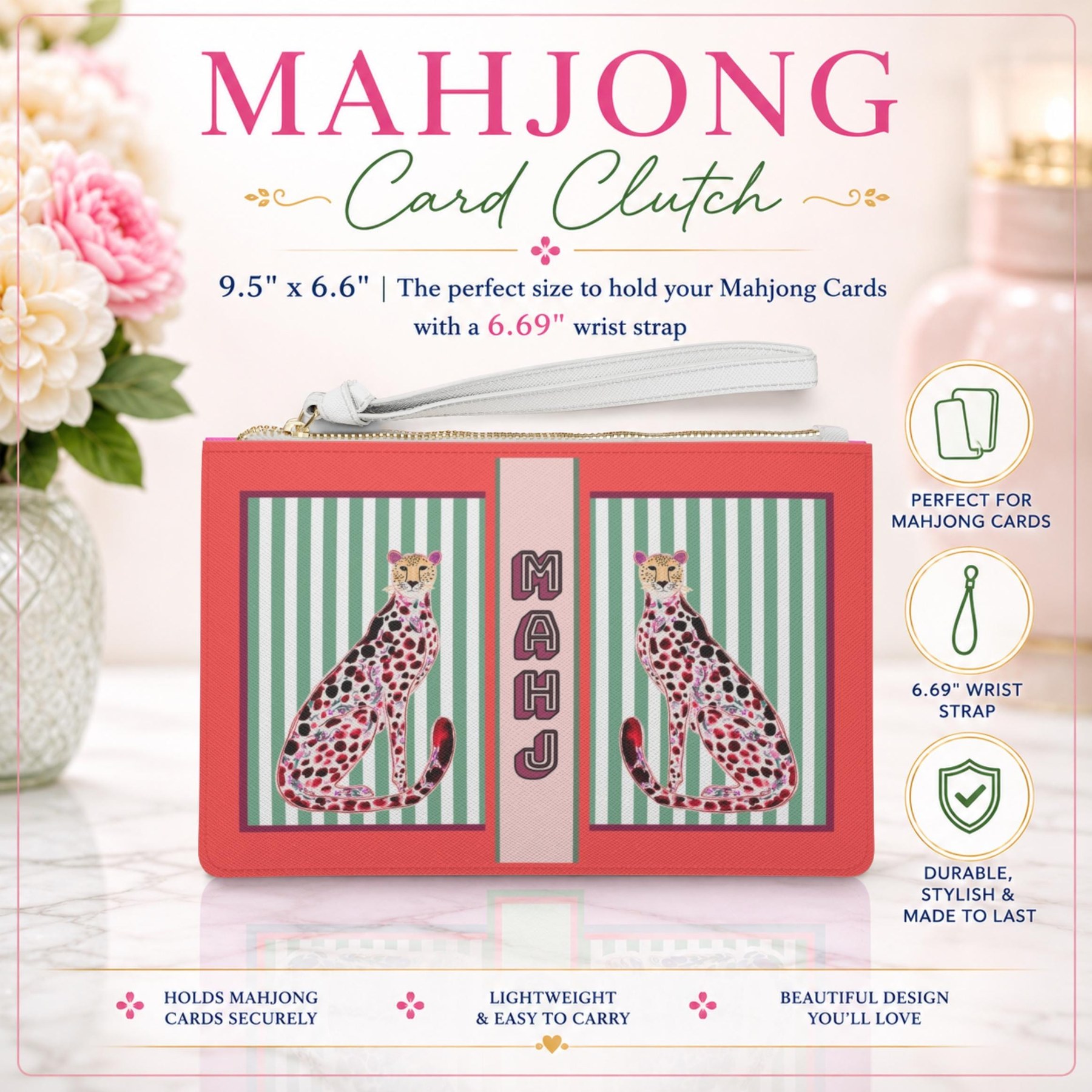 Mahjong Card Holder with Red + Green Chinoiserie Cheetah, view 7