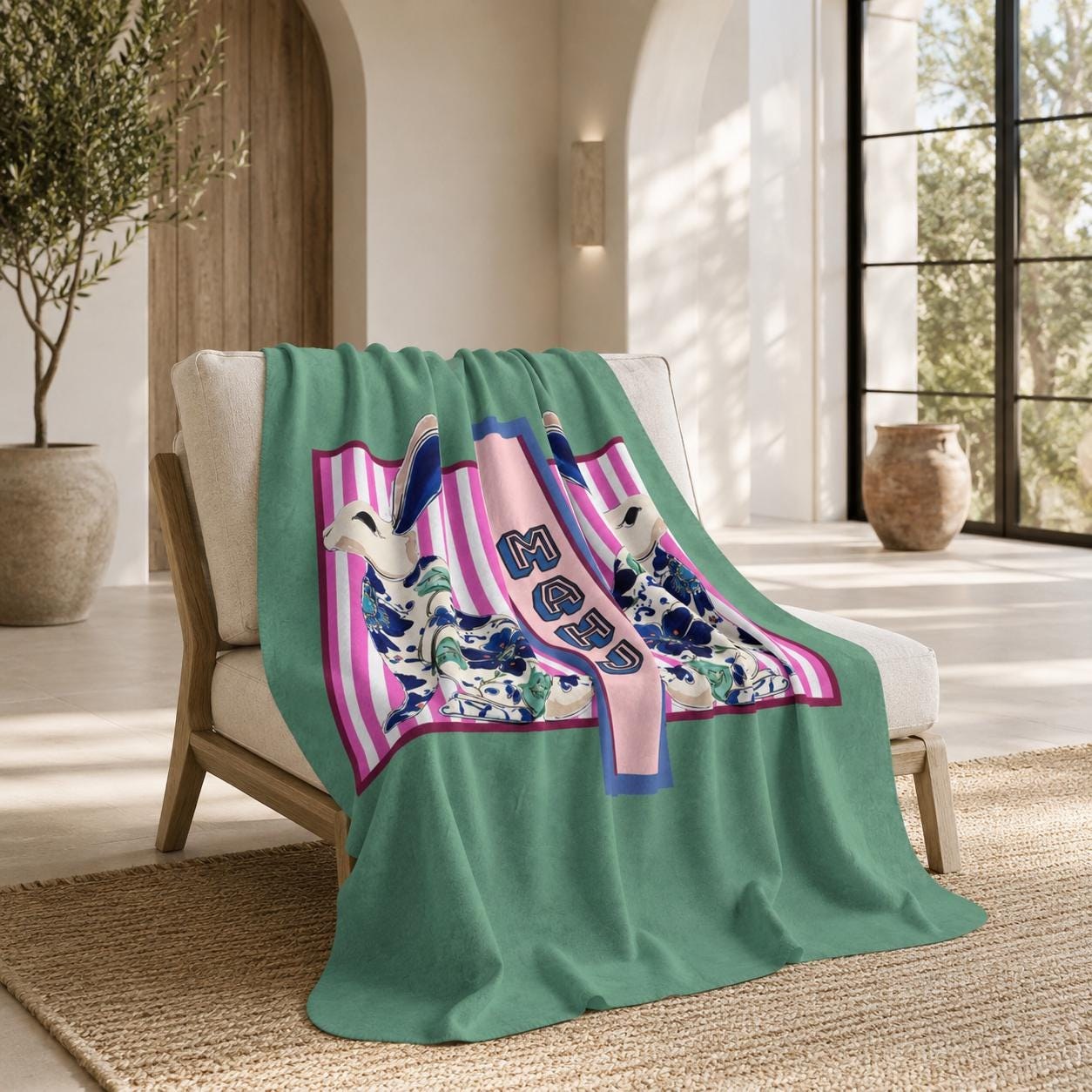 Mahjong Rabbit Sherpa Throw Blanket, view 2