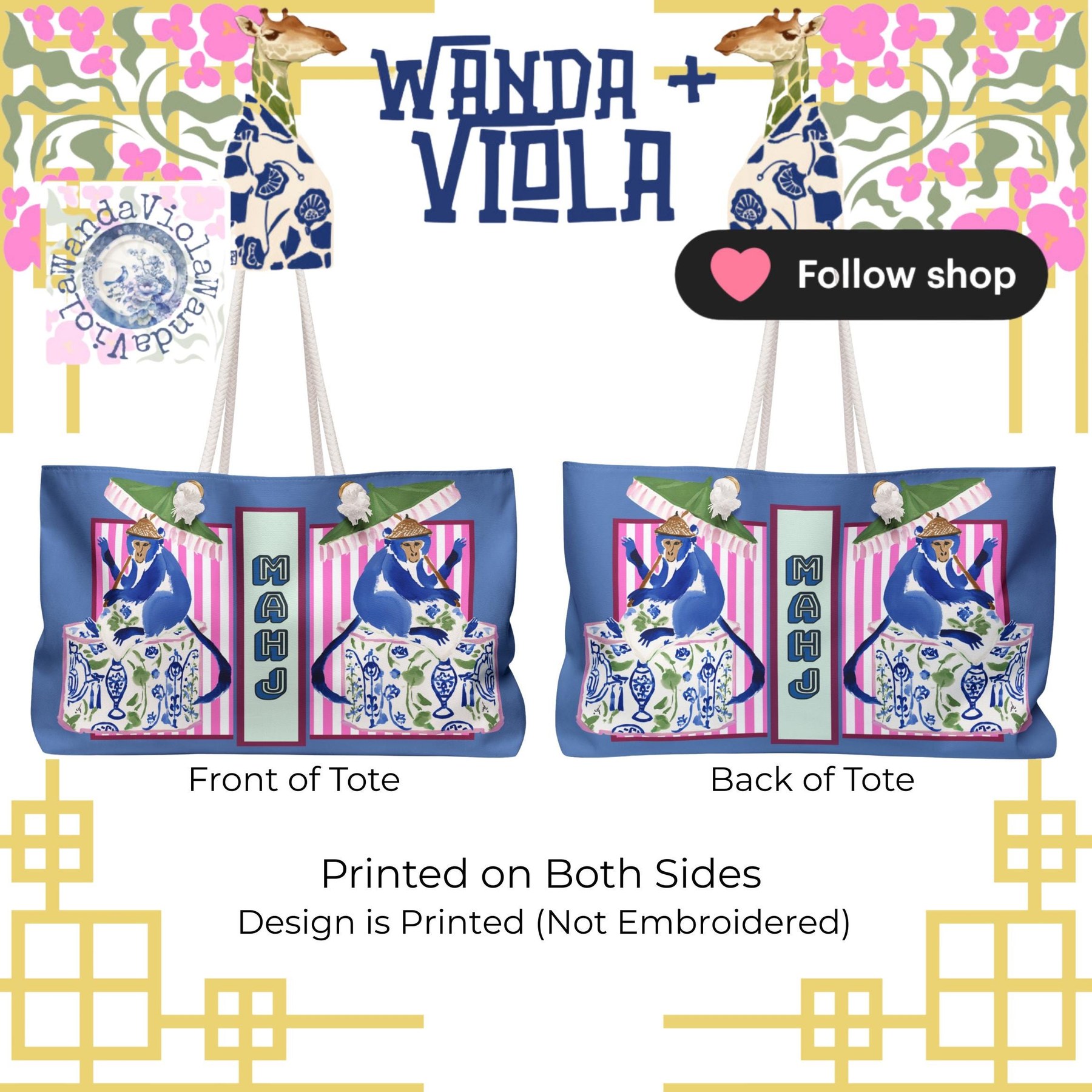 Mahjong Chinoiserie Monkey Tote Bag, view 3