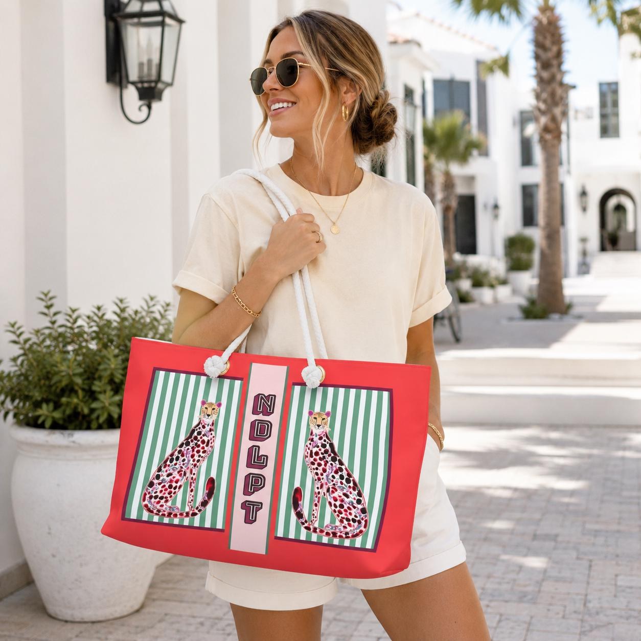 Needlepoint Tote Bag NDLPT, Red Chinoiserie Cheetah Stitcher, Preppy Leopard Grandmillennial Project Carrier, Sewing Travel, Stitching Gift, view 2