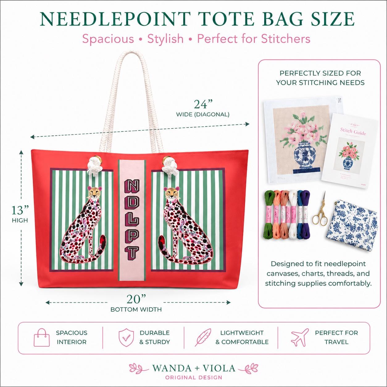 Needlepoint Tote Bag NDLPT, Red Chinoiserie Cheetah Stitcher, Preppy Leopard Grandmillennial Project Carrier, Sewing Travel, Stitching Gift, view 7