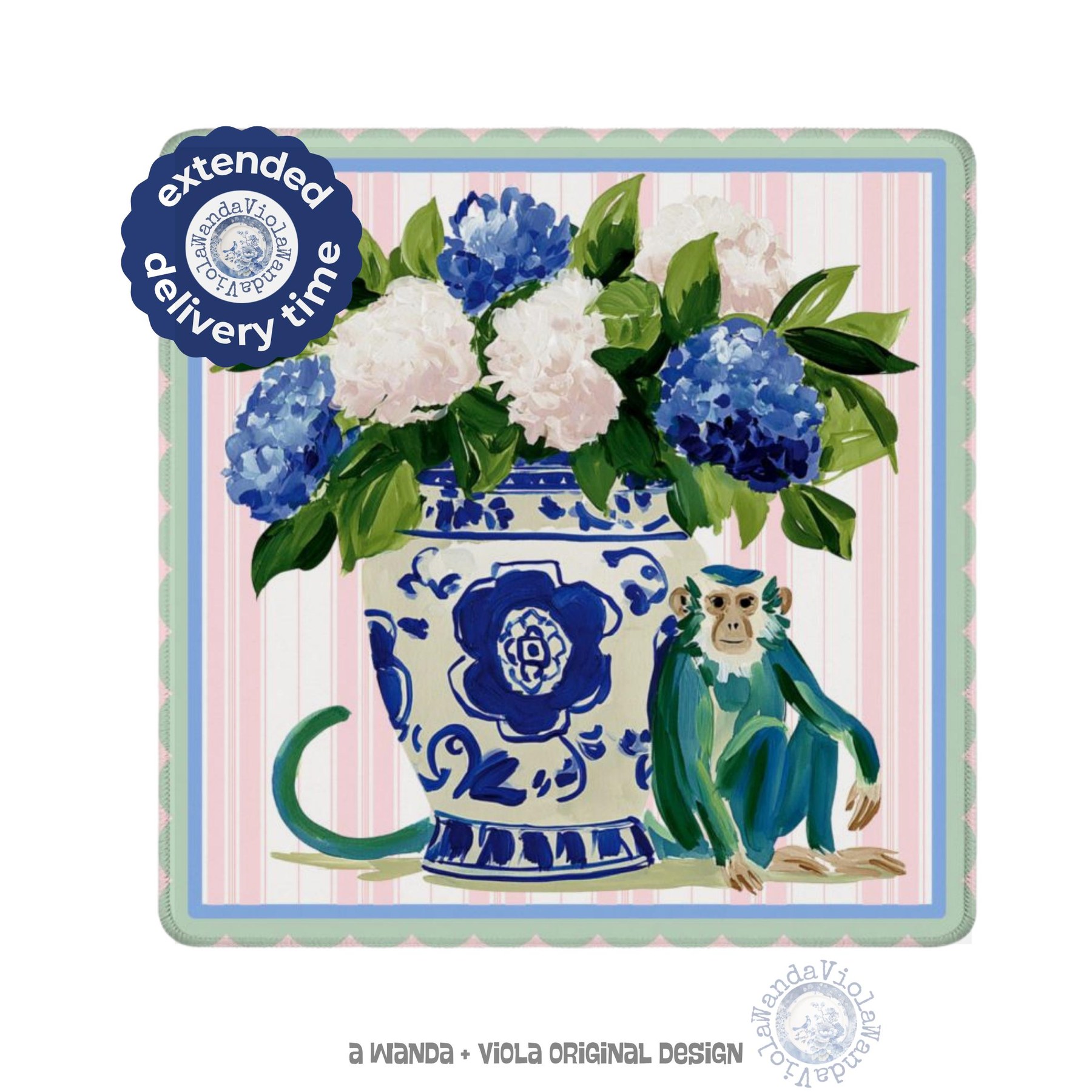 Mahjong Monkey with Chinoiserie Hydrangea Mat