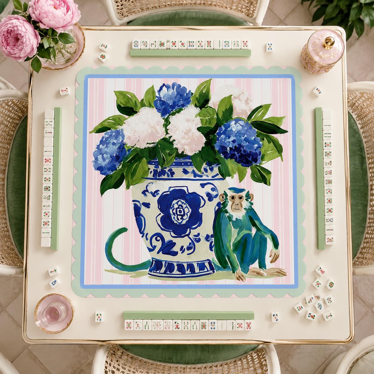 Mahjong Monkey with Chinoiserie Hydrangea Mat, view 2