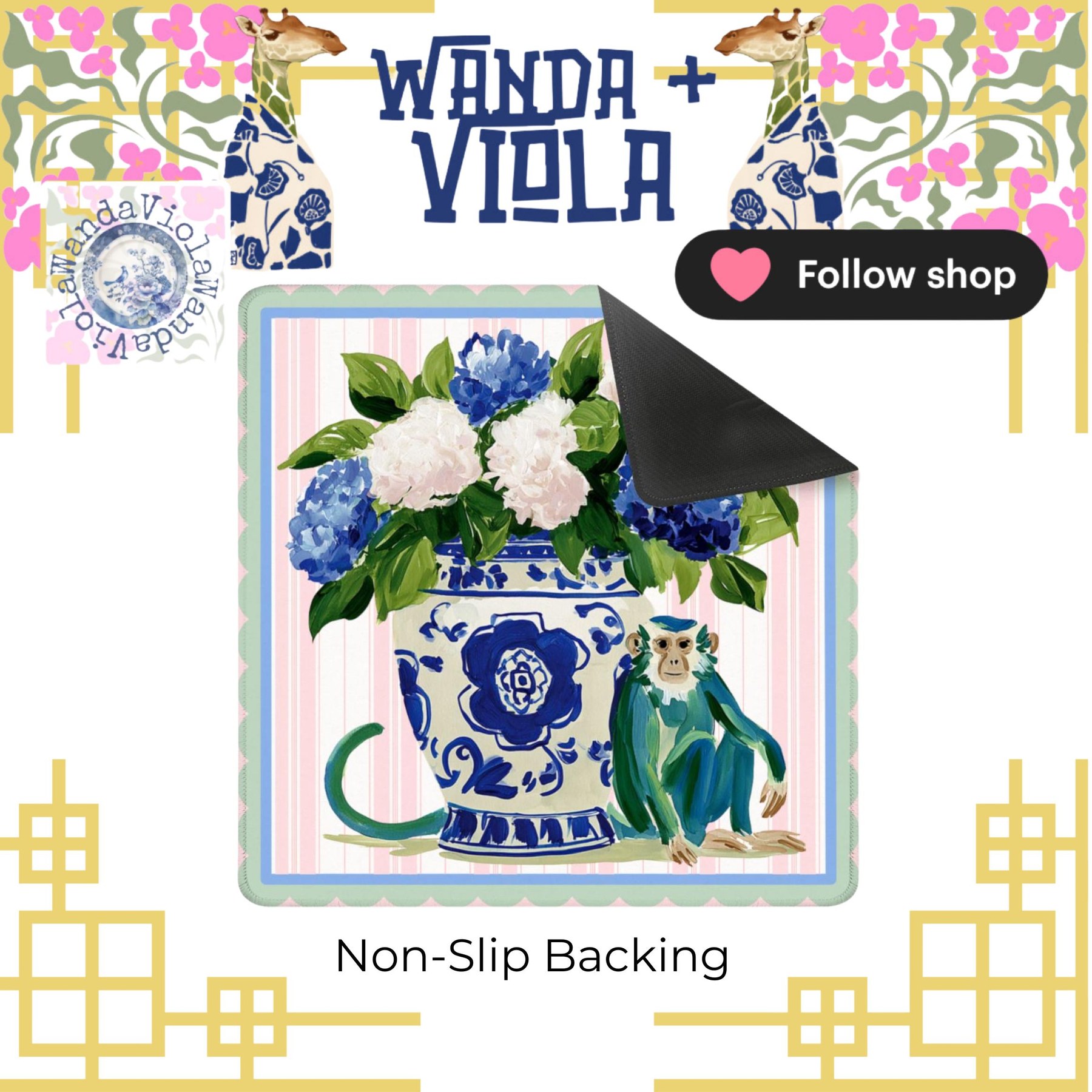 Mahjong Monkey with Chinoiserie Hydrangea Mat, view 3