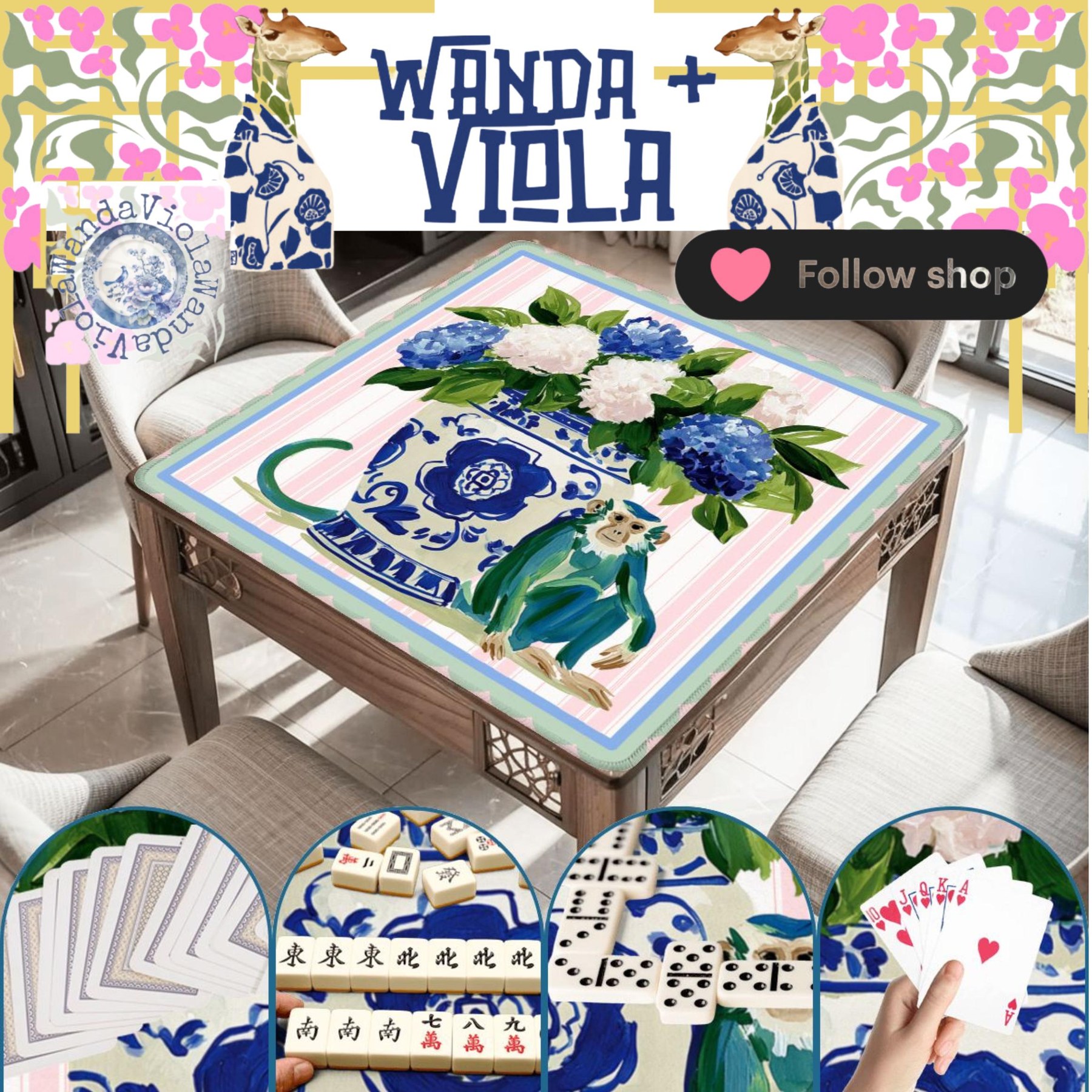 Mahjong Monkey with Chinoiserie Hydrangea Mat, view 4