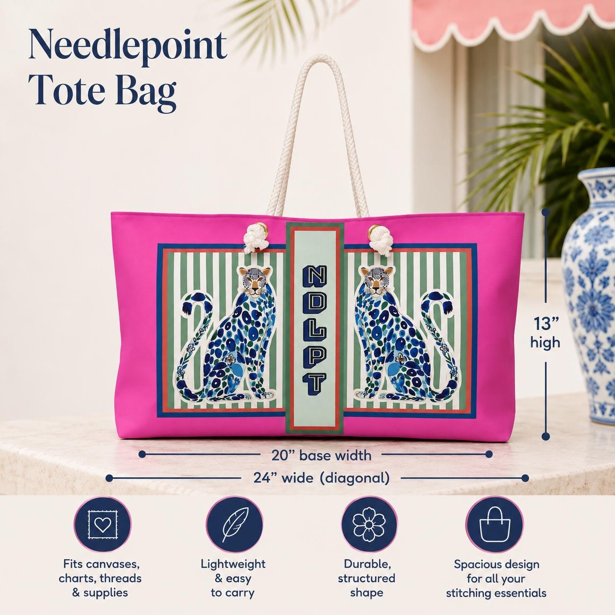 Needlepoint Tote Bag NDLPT, Chinoiserie Cheetah Stitcher, Preppy Leopard Grandmillennial Project Carrier, Sewing Travel, Stitching Gift, view 8