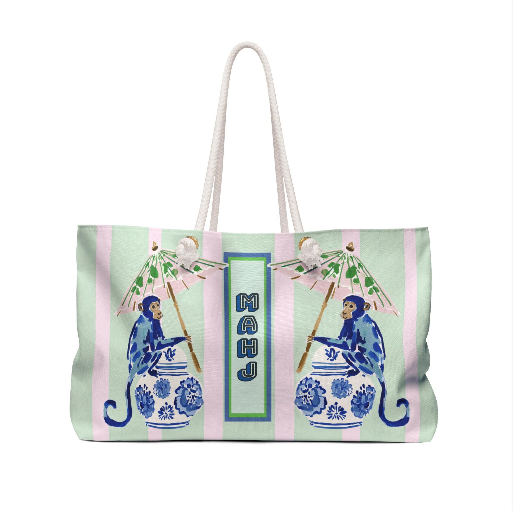 Mahjong Chinoiserie Blue Monkey Tote Bag, view 2