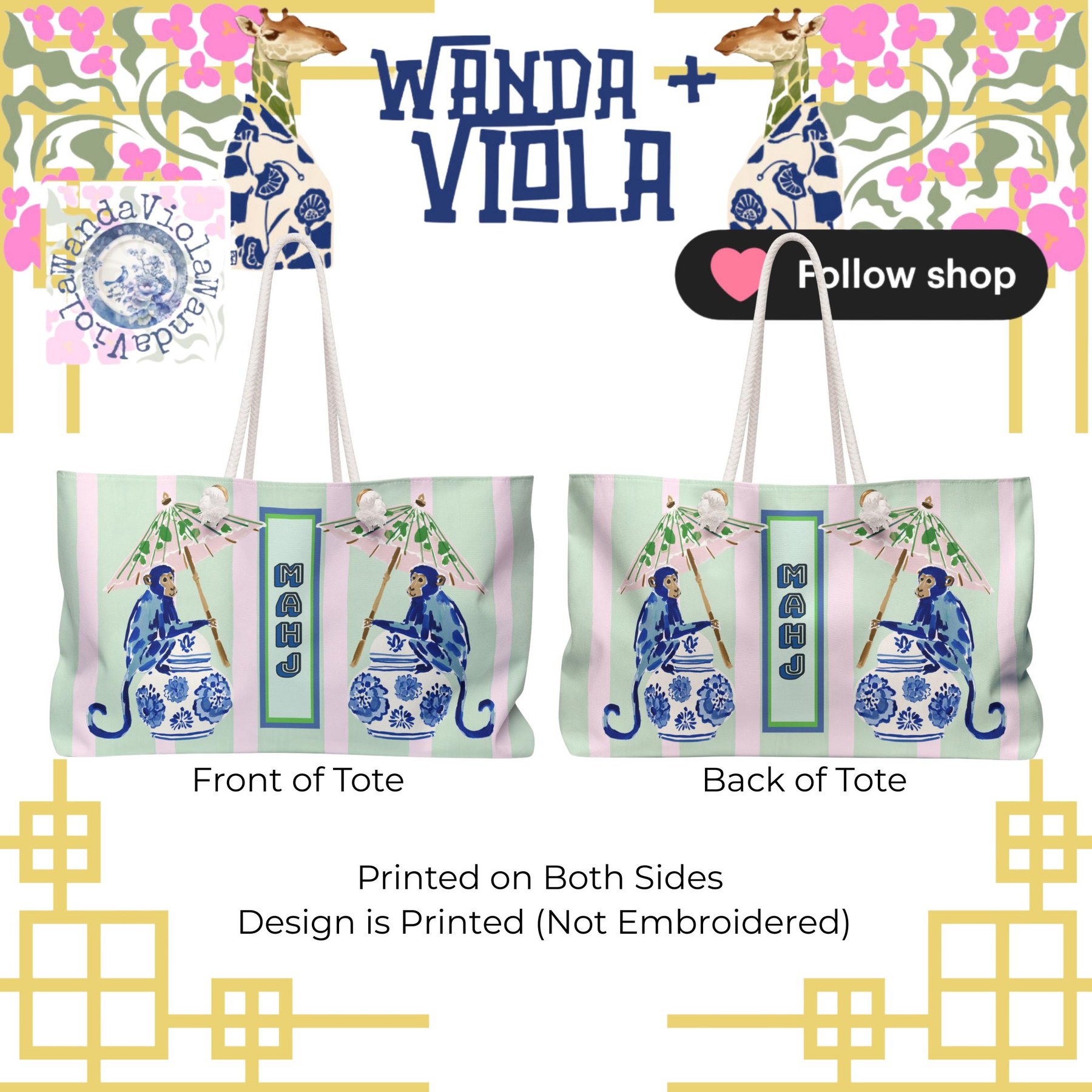 Mahjong Chinoiserie Blue Monkey Tote Bag, view 6