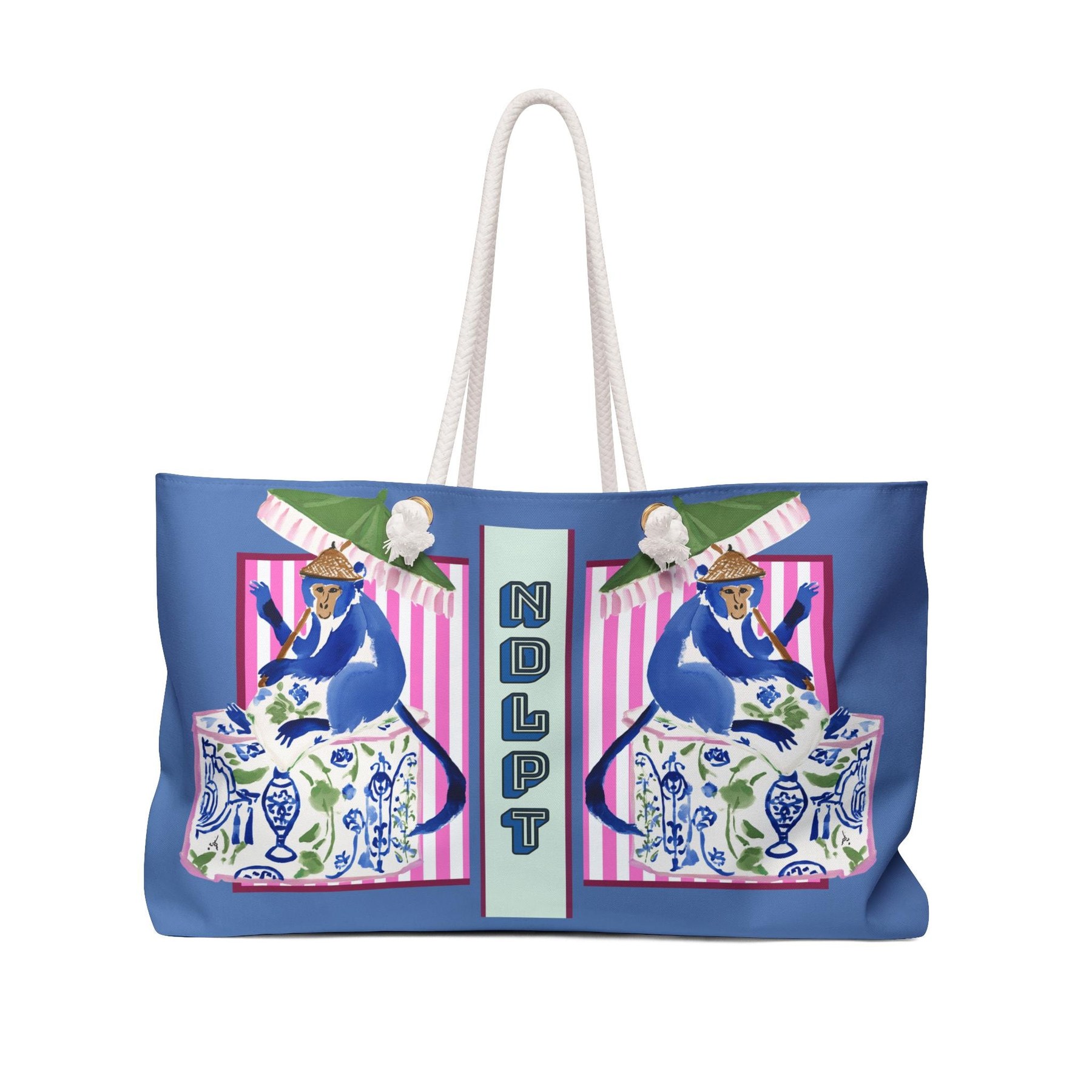Needlepoint Tote Bag NDLPT, Chinoiserie Monkey Stitcher, Preppy Grandmillennial Project Carrier, Sewing Travel, Stitching Gift