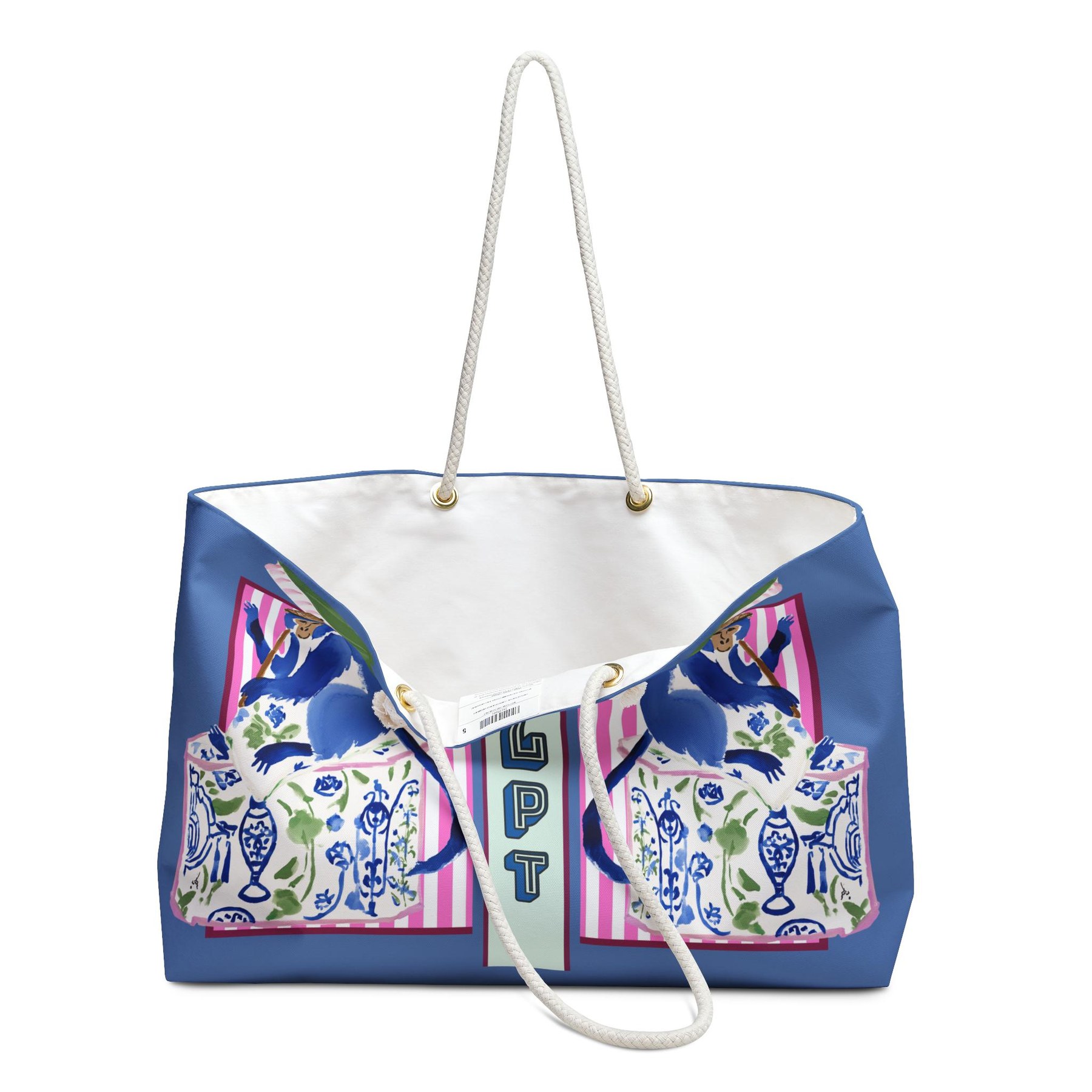 Needlepoint Tote Bag NDLPT, Chinoiserie Monkey Stitcher, Preppy Grandmillennial Project Carrier, Sewing Travel, Stitching Gift, view 3