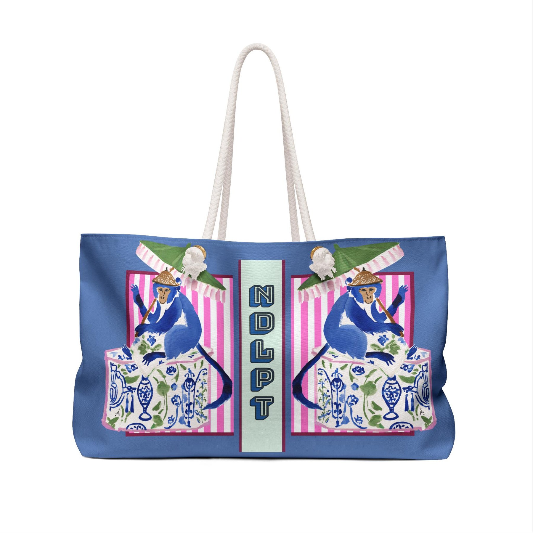 Needlepoint Tote Bag NDLPT, Chinoiserie Monkey Stitcher, Preppy Grandmillennial Project Carrier, Sewing Travel, Stitching Gift, view 6