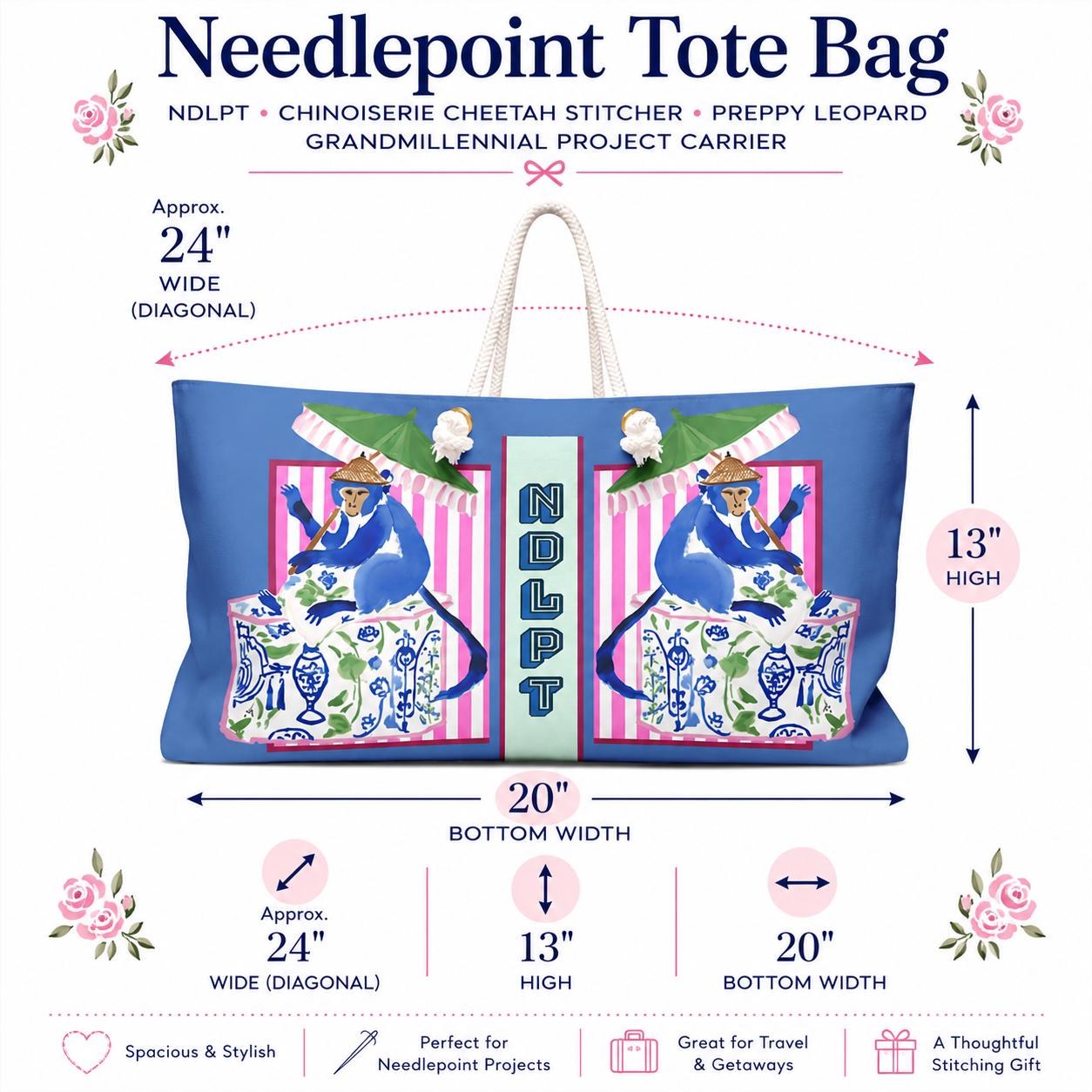 Needlepoint Tote Bag NDLPT, Chinoiserie Monkey Stitcher, Preppy Grandmillennial Project Carrier, Sewing Travel, Stitching Gift, view 7