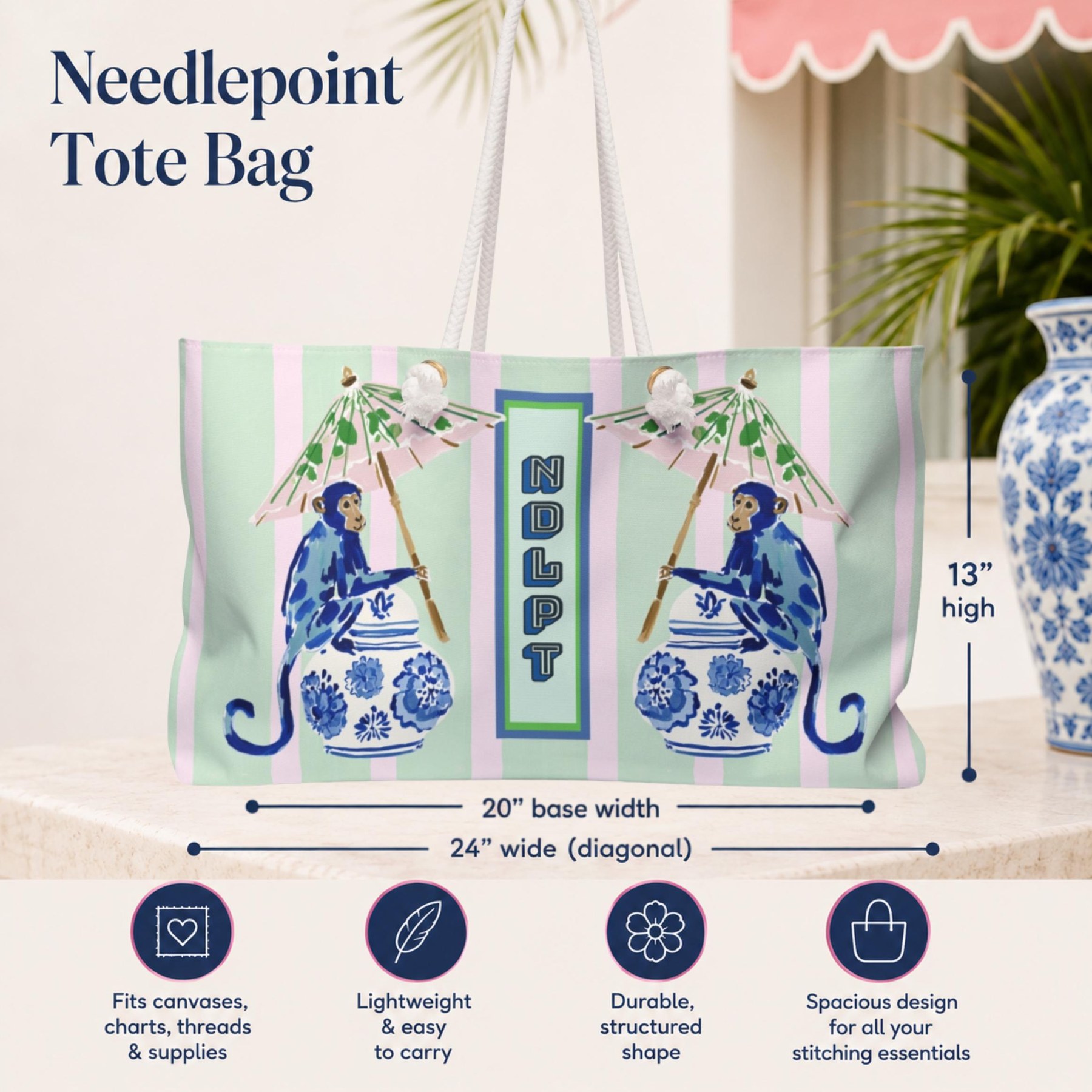 Needlepoint Tote Bag NDLPT, Chinoiserie Monkey Stitcher Bag, Preppy Grandmillennial Project Tote, Needlepoint Travel Bag, Stitching Gift, view 7