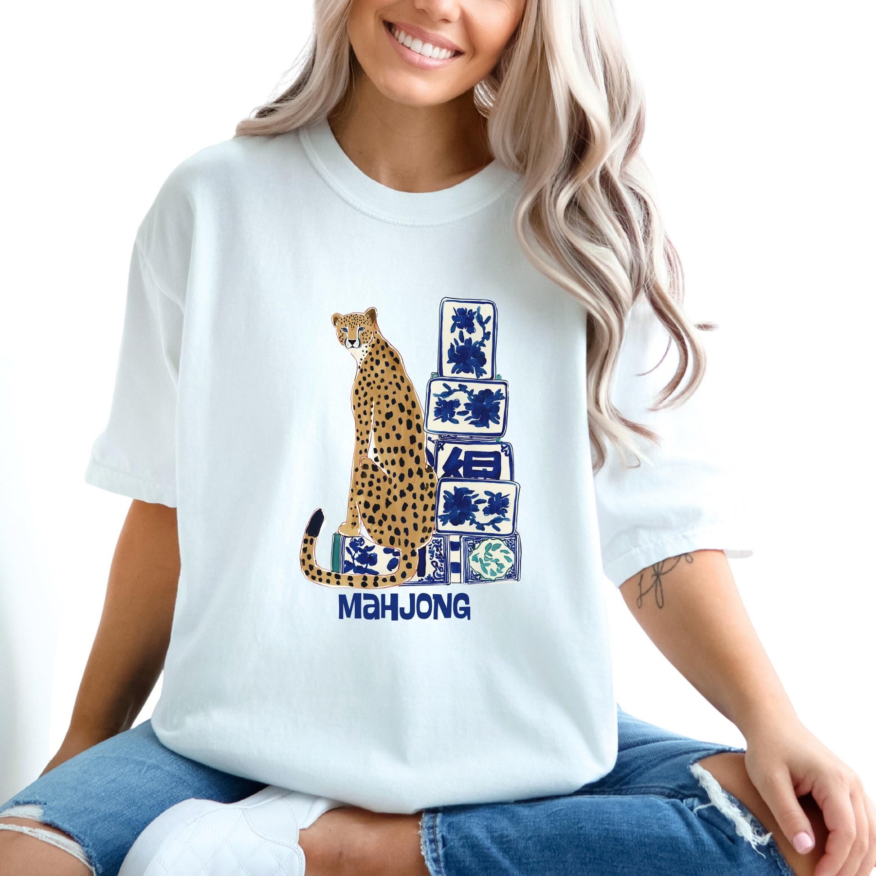 Mahjong Cheetah with Blue and White Tiles Comfort Colors™ T-Shirt