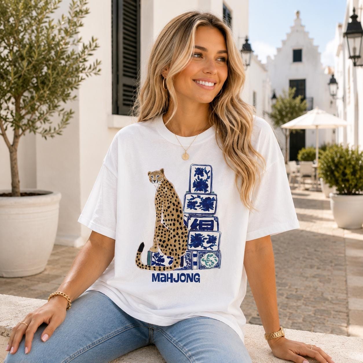 Mahjong Cheetah with Blue and White Tiles Comfort Colorsโข T-Shirt, view 2