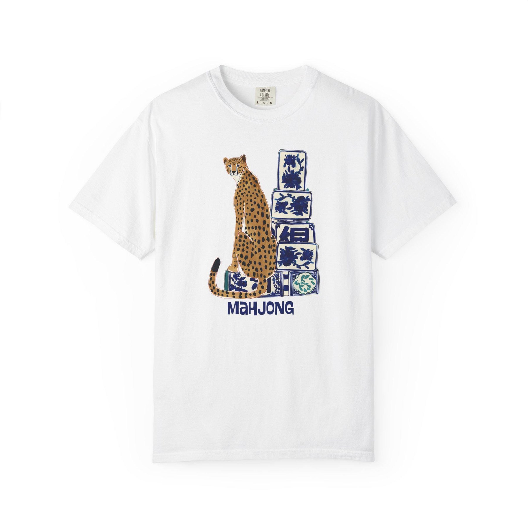 Mahjong Cheetah with Blue and White Tiles Comfort Colorsโข T-Shirt, view 3