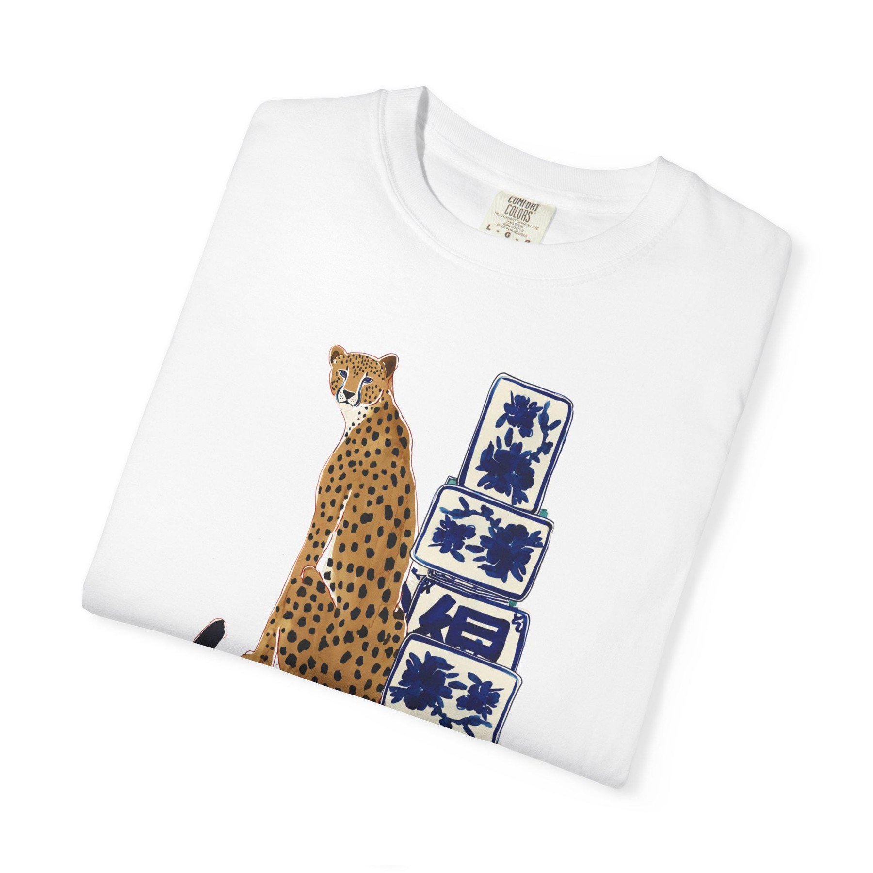Mahjong Cheetah with Blue and White Tiles Comfort Colorsโข T-Shirt, view 4