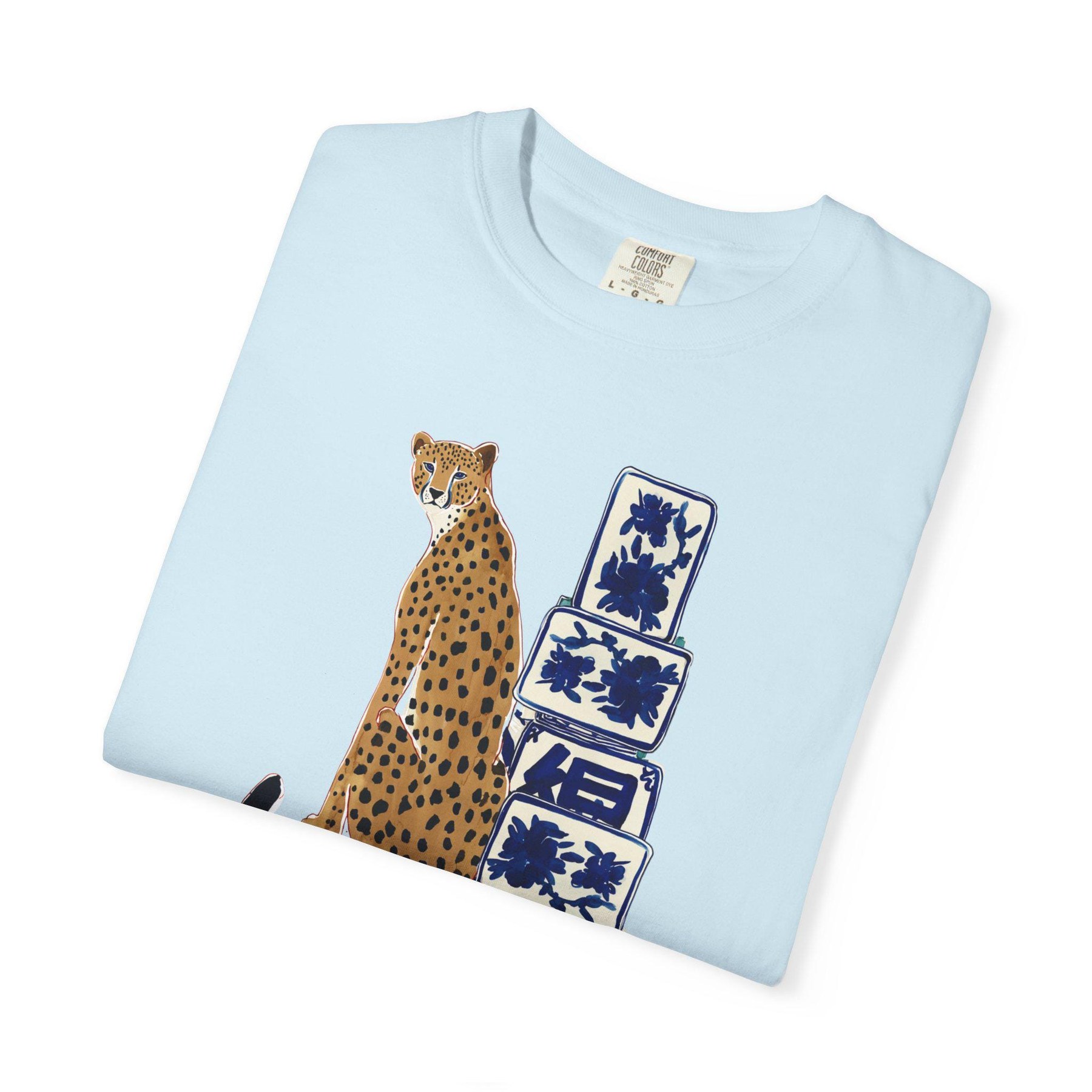 Mahjong Cheetah with Blue and White Tiles Comfort Colorsโข T-Shirt, view 6