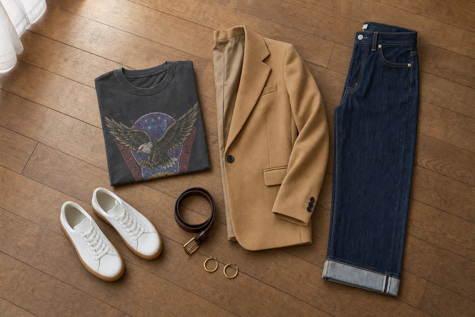Graphic T-shirt, camel blazer, dark denim, white sneakers, leather belt, and hoop earrings laid out on a wood floor