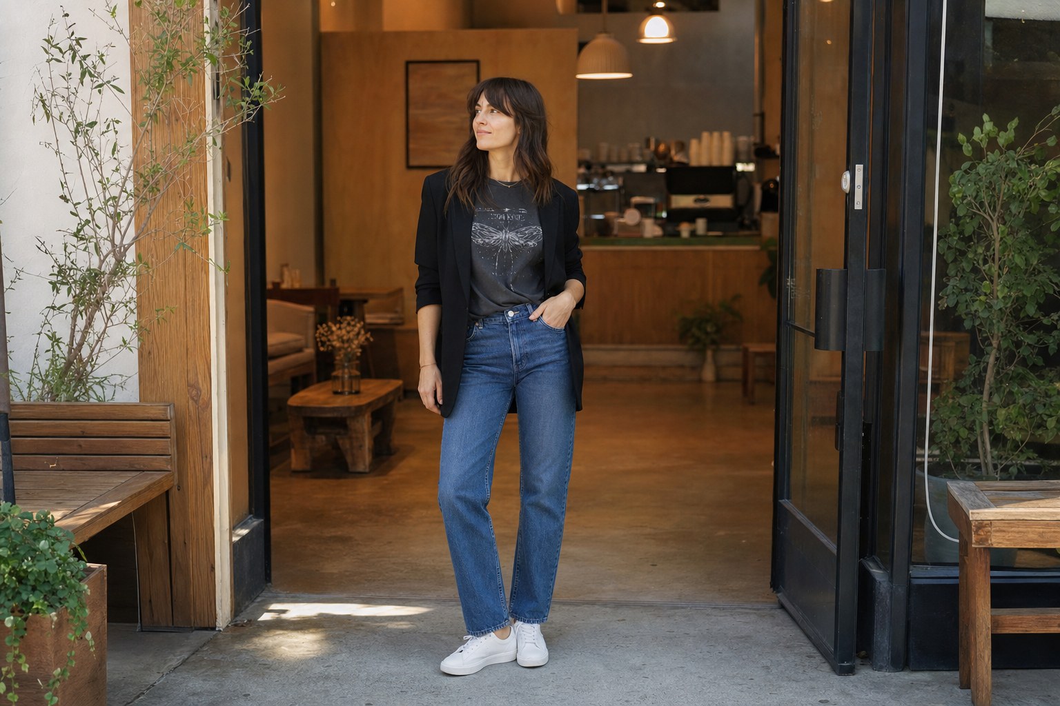 Woman wearing a charcoal graphic T-shirt, black blazer, jeans, and white sneakers outside a coffee shop