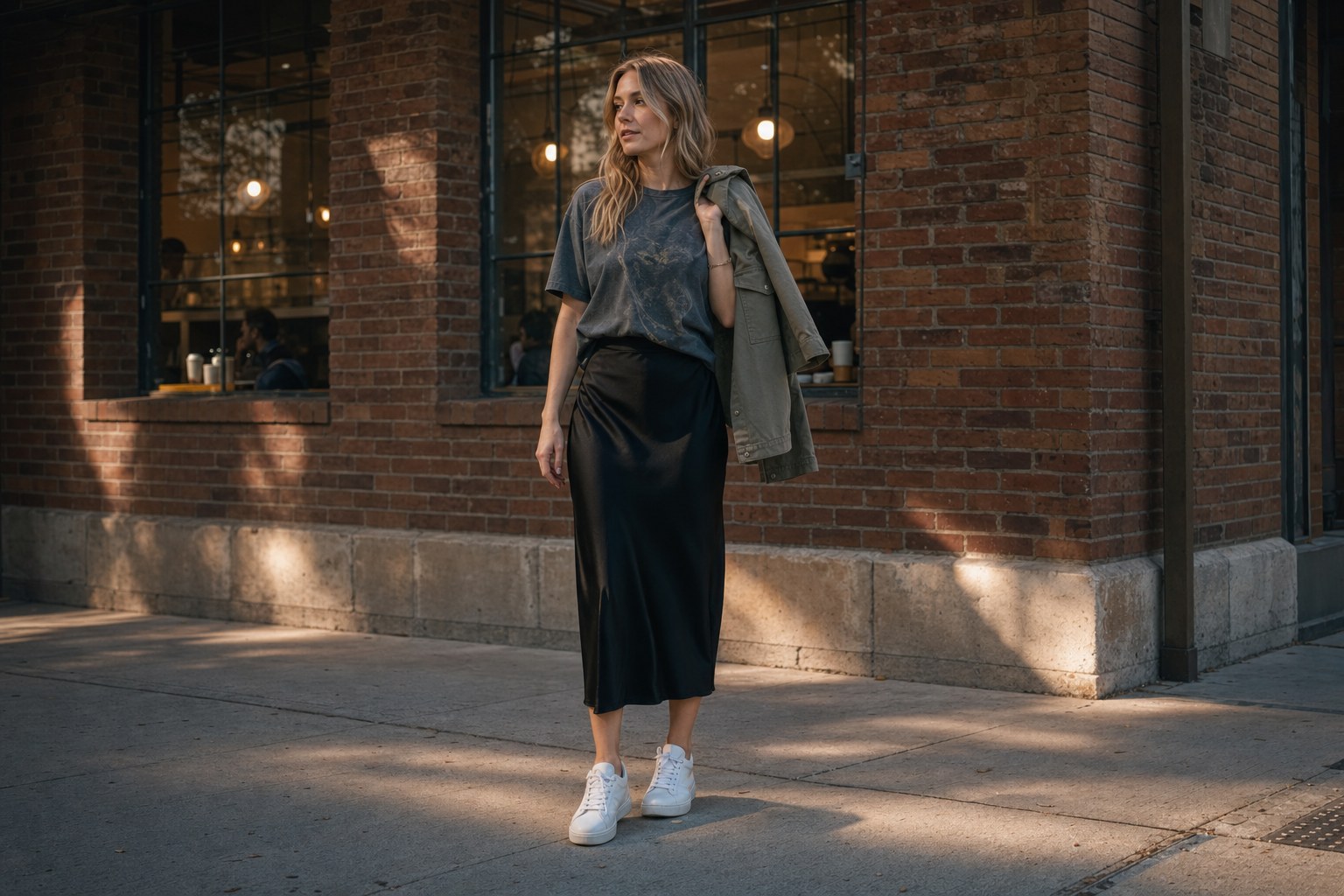 Woman wearing a faded graphic T-shirt with a black midi skirt, utility jacket, and white sneakers