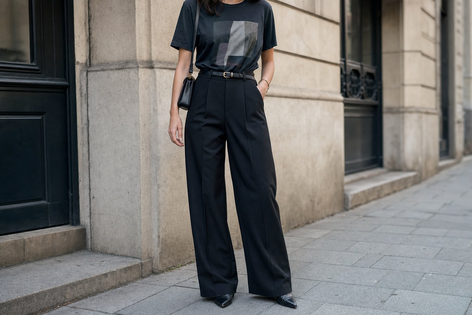 Dark graphic T-shirt tucked into high-waisted black trousers with a slim belt and small shoulder bag