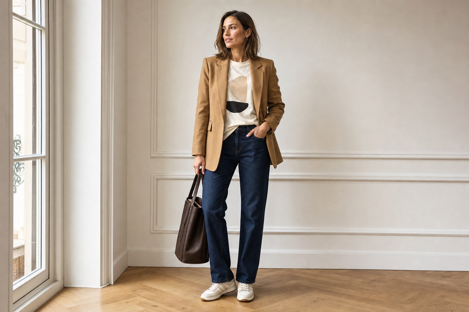 Graphic T-shirt worn under a camel blazer with dark jeans and sneakers