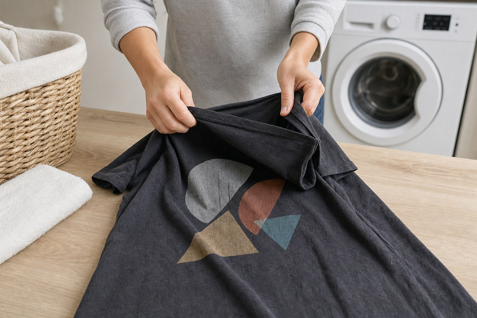Hands turning a charcoal graphic T-shirt inside out on a laundry counter