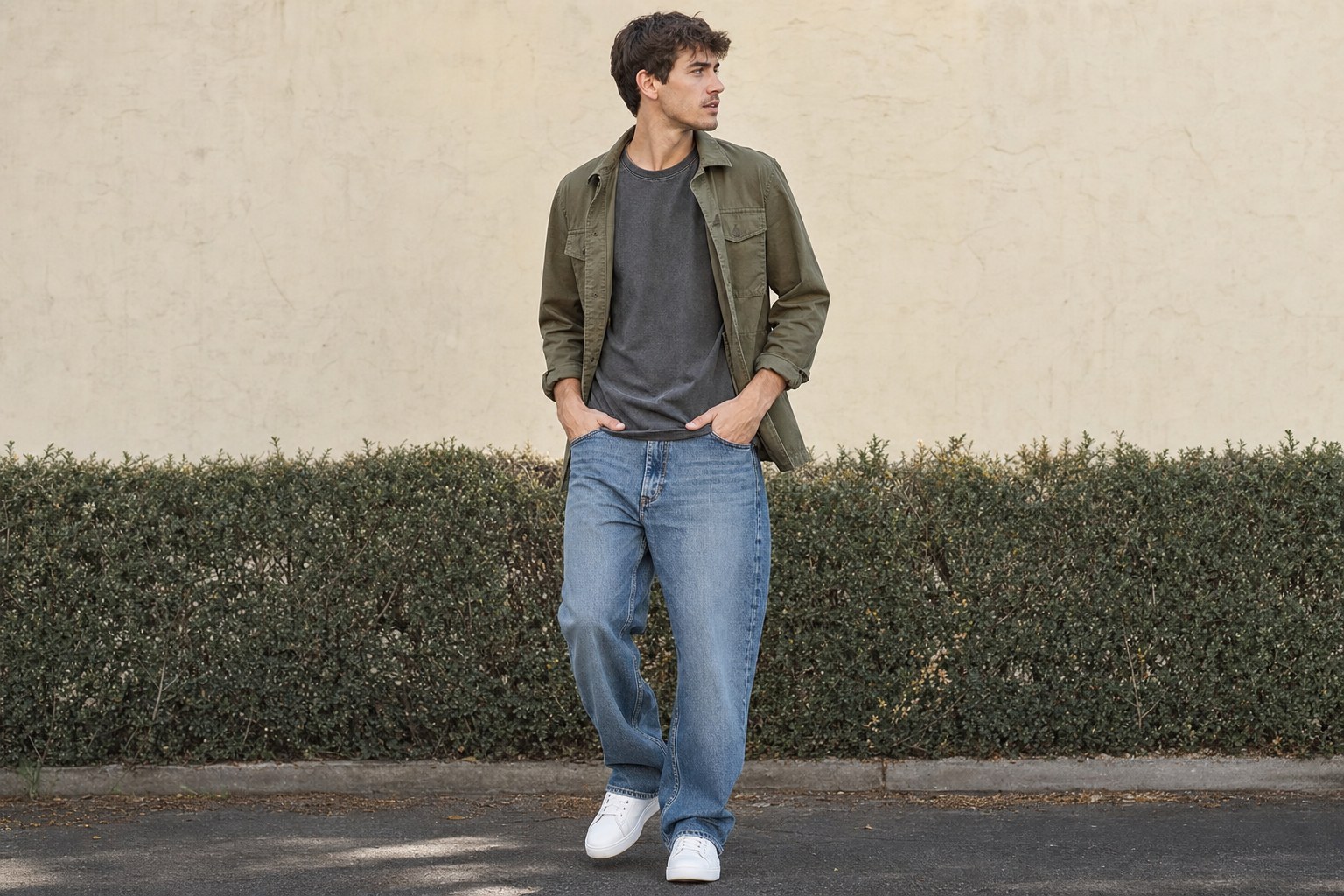 Graphic T-shirt styled with relaxed jeans, sneakers, and an olive overshirt