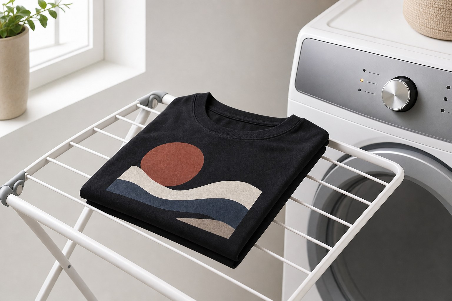 Folded black graphic T-shirt resting on a drying rack beside a dryer