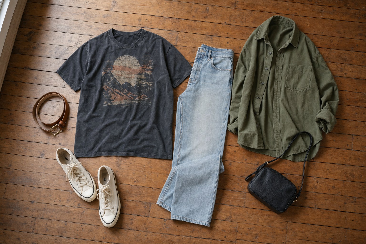 Charcoal graphic T-shirt, light jeans, canvas sneakers, olive overshirt, leather belt, and black crossbody bag arranged on a wood floor