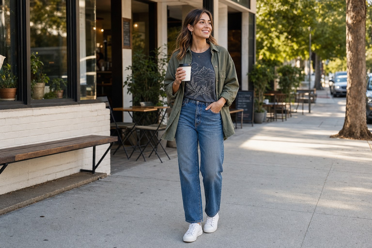 Woman wearing a charcoal graphic T-shirt, relaxed jeans, white sneakers, and an olive overshirt outside a coffee shop