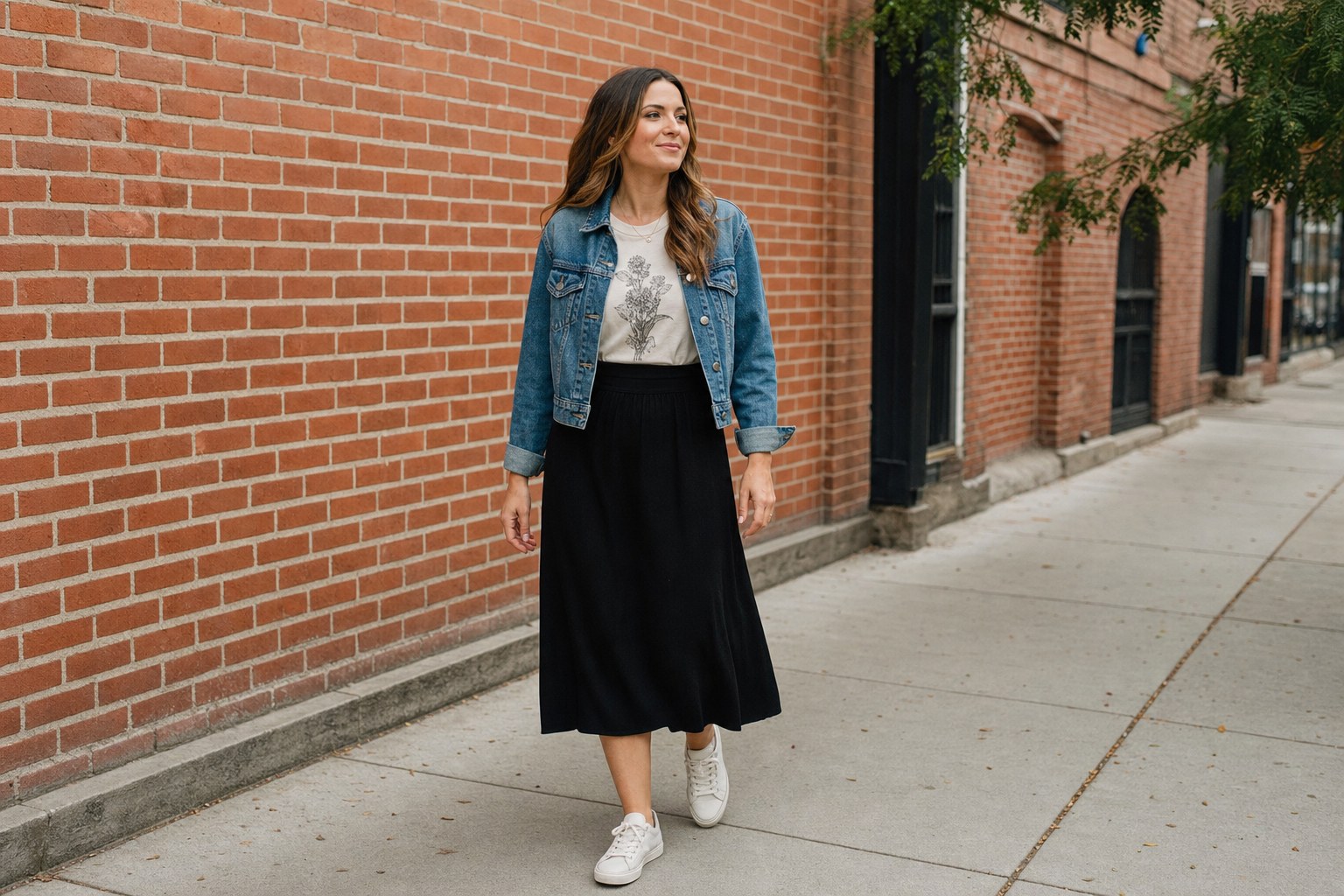 Woman wearing a cream graphic T-shirt, black midi skirt, cropped denim jacket, and white sneakers beside a brick wall