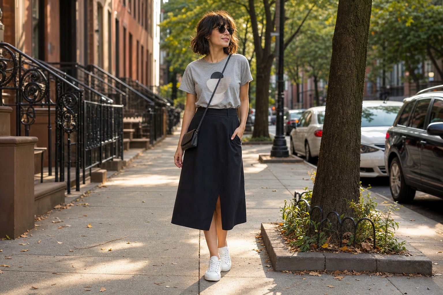 Graphic T-shirt tucked into a black midi skirt with sneakers