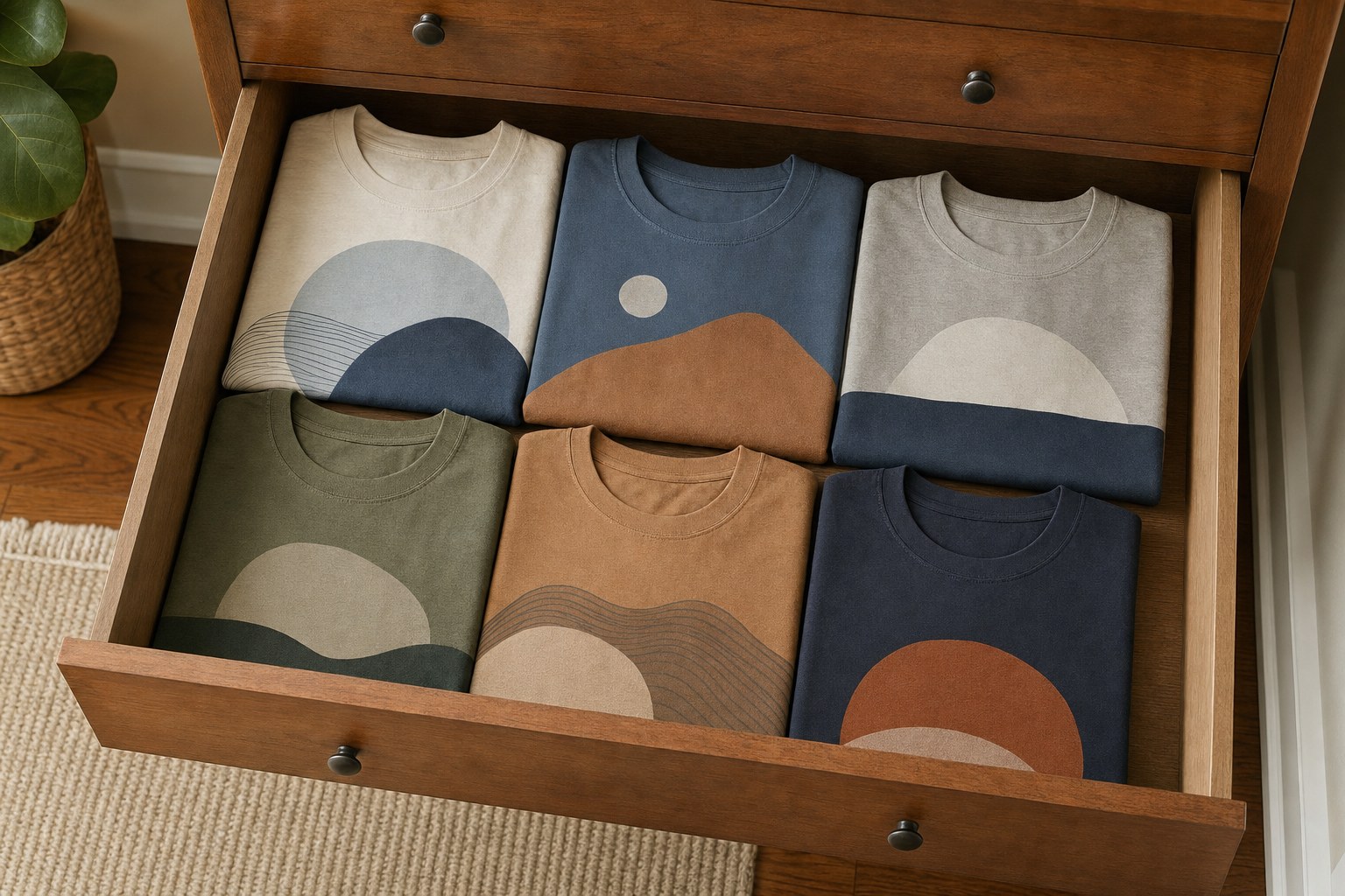 Neatly folded graphic T-shirts stored flat in a wood dresser drawer