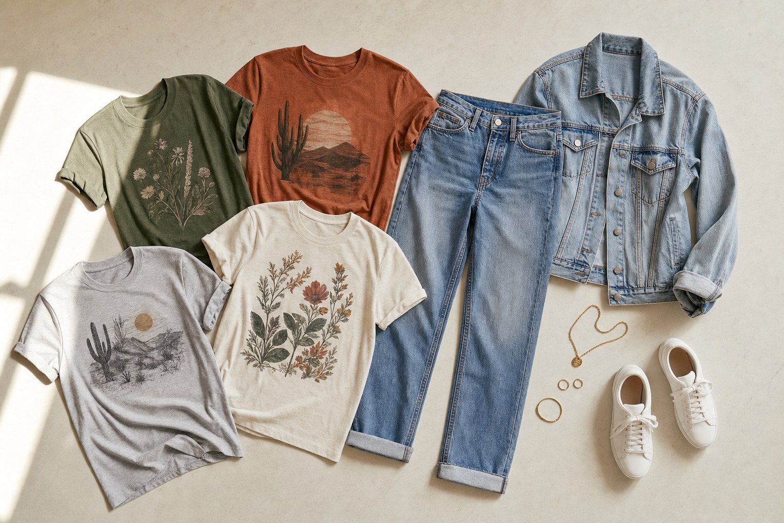Graphic T-shirts, jeans, sneakers, and a denim jacket arranged as outfit pieces